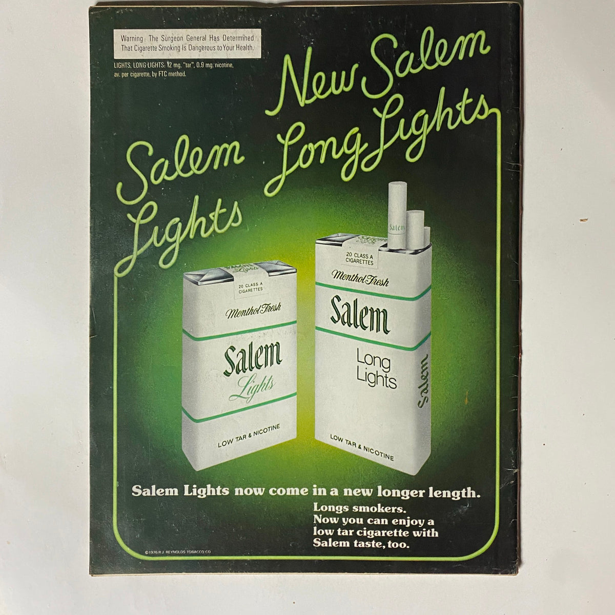 Back cover of VTG Time Magazine November 15, 1976, advertising Salem Lights cigarettes, emphasizing their new longer length.