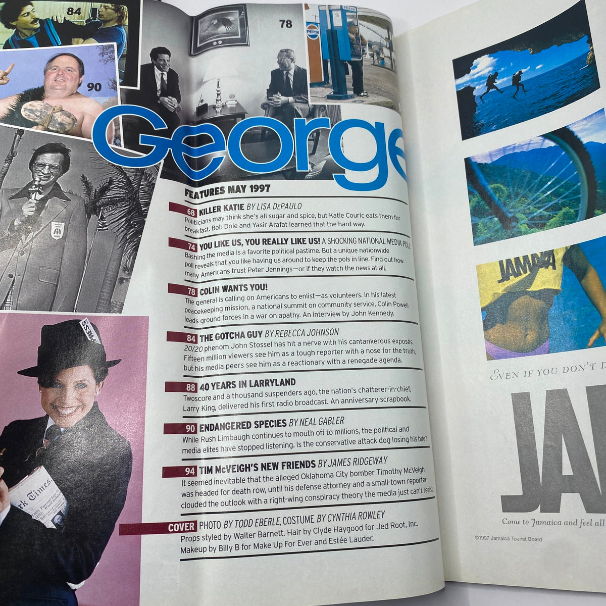 Interior page from George Magazine May 1997, showcasing features including Katie Couric, Colin Powell, and an interview with John Kennedy. The page emphasizes the magazine's focus on media and politics.