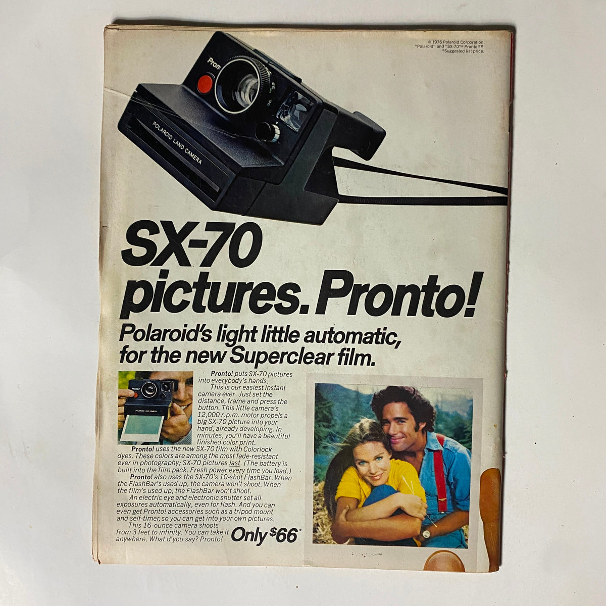 Back cover of VTG Time Magazine October 4, 1976 displaying an advertisement for the Polaroid SX-70 camera, highlighting its features and price.