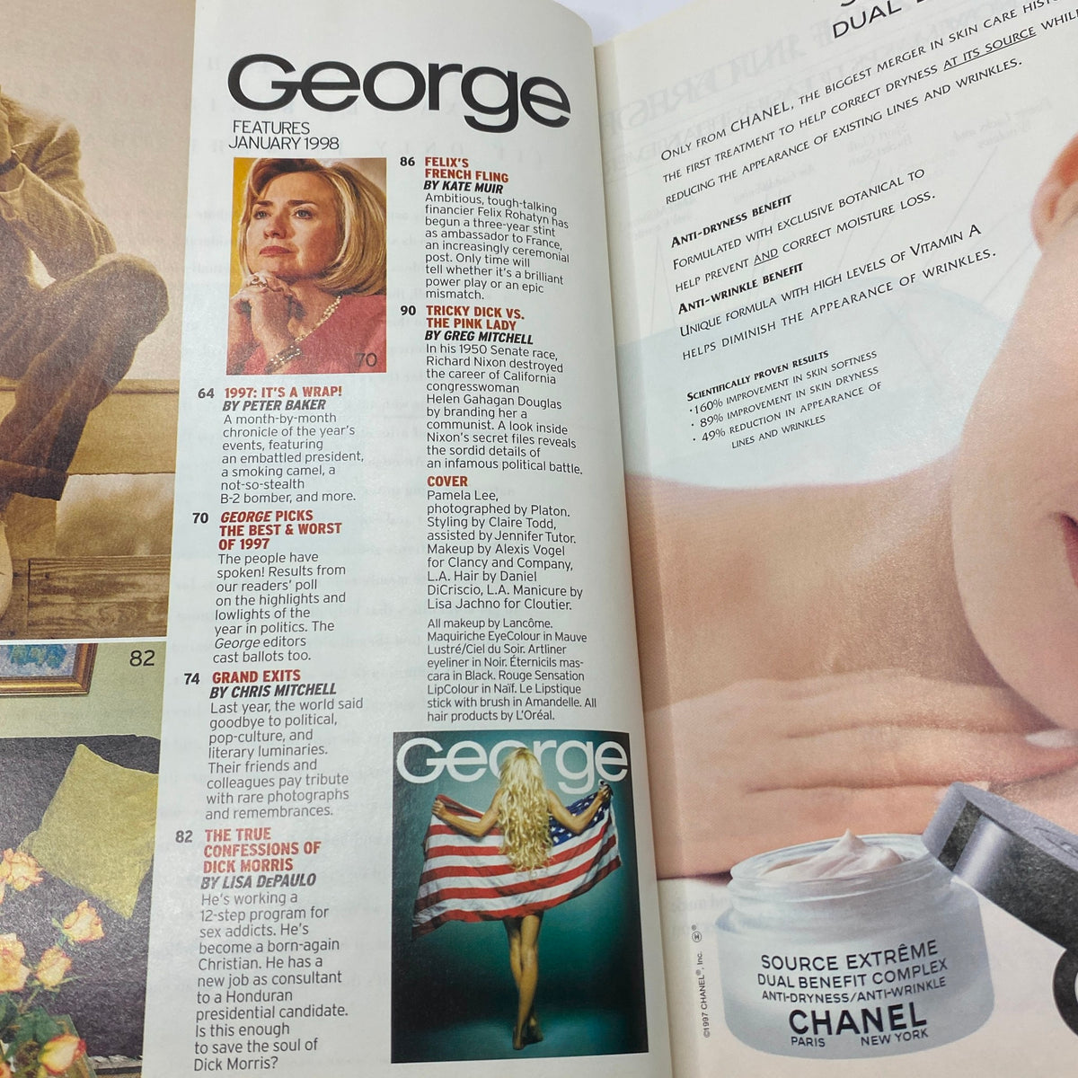 Interior page of George Magazine January 1998 featuring articles and segments, including one on Pamela Anderson's cover, showcasing the unique blend of celebrity and political commentary in the publication.
