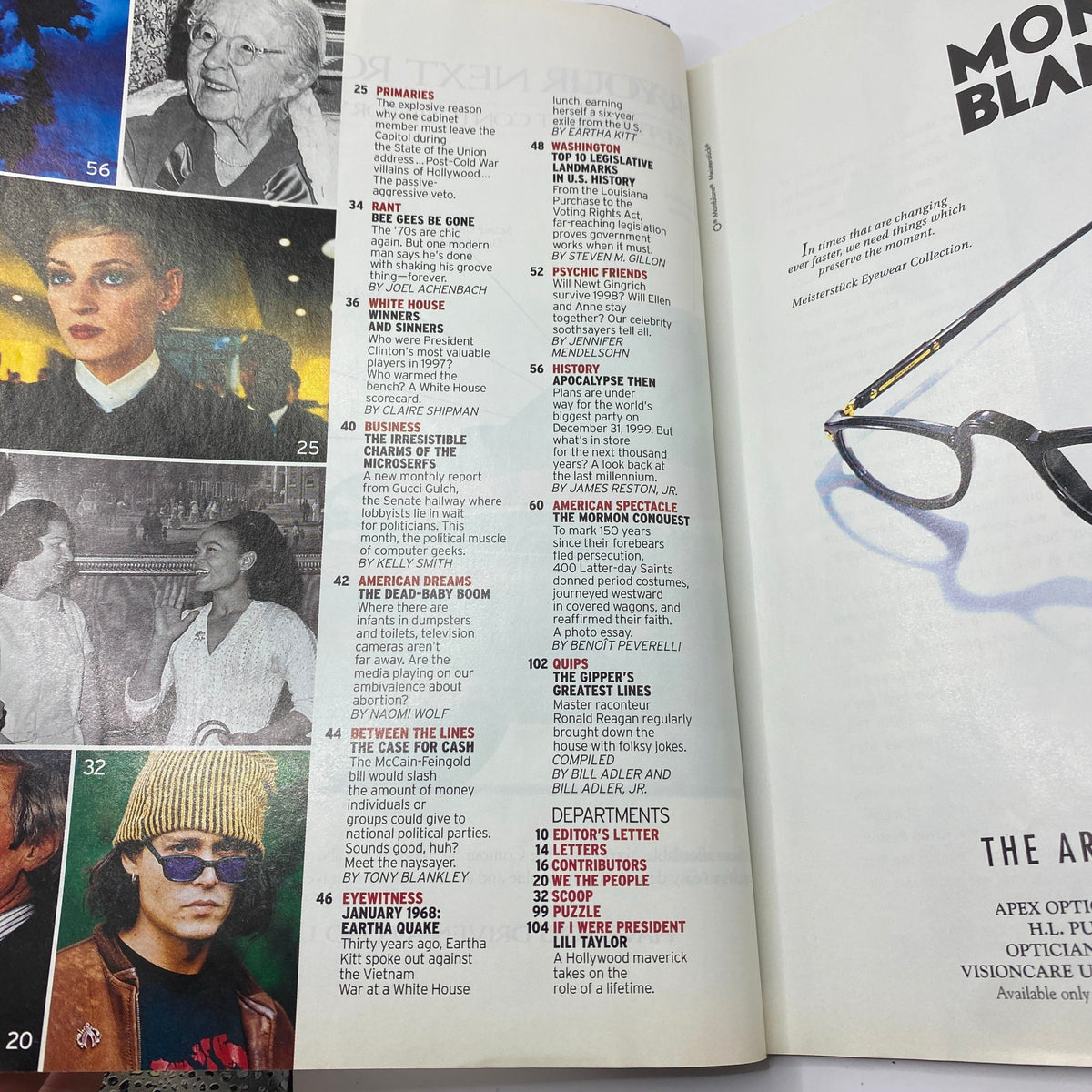 Interior layout of George Magazine January 1998 displaying various articles and topics such as politics and pop culture, emphasizing the magazine's diverse content and its relevance during the late 90s.