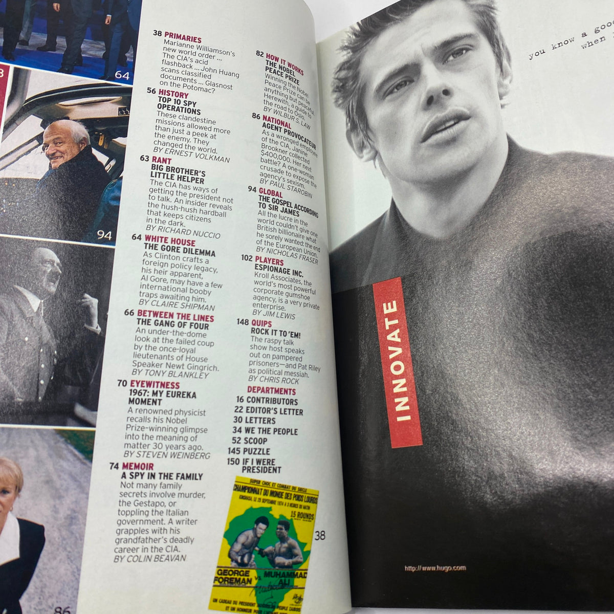 Inside page of George Magazine October 1997 featuring listings and topics related to politics, lifestyle, and celebrity culture, part of the issue with Elizabeth Hurley on the cover.