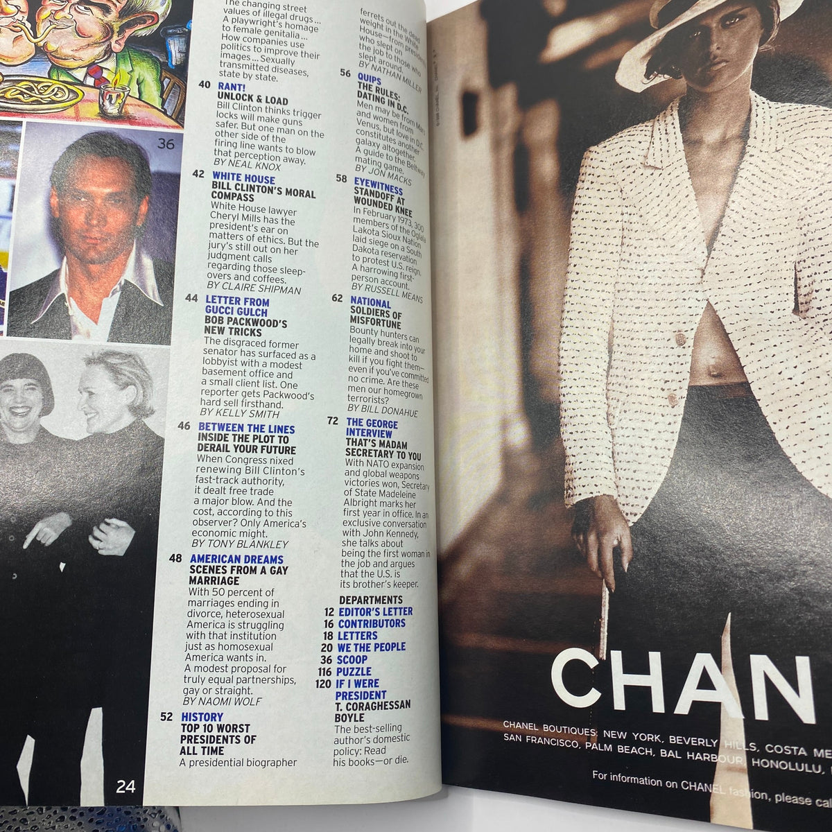 Another interior page from the February 1998 issue of George Magazine, including various articles unrelated to the cover actors but reflecting the magazine's diverse content.