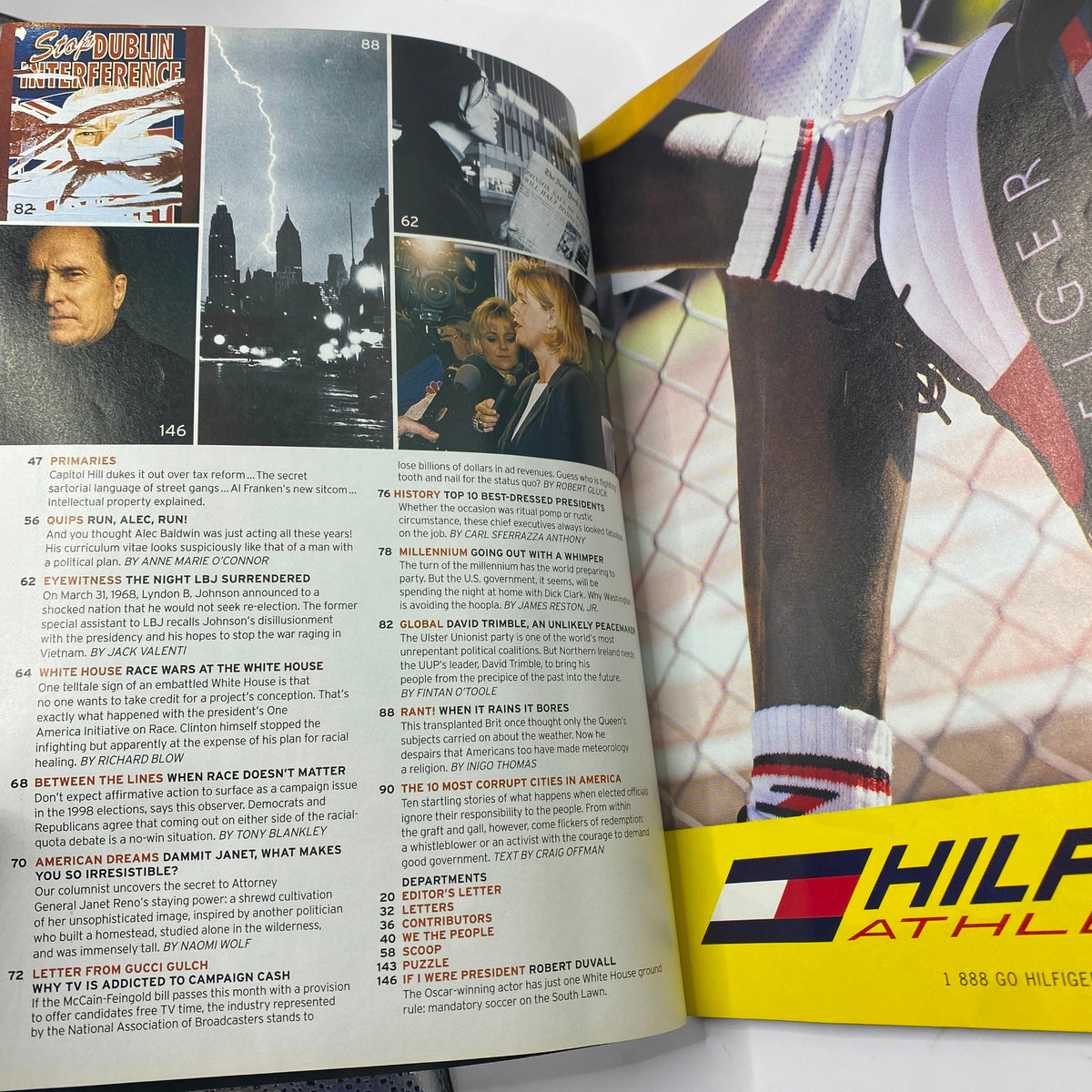 Another page from George Magazine March 1998, displaying editorial content and photographs alongside political commentary, emphasizing the blend of entertainment and politics.