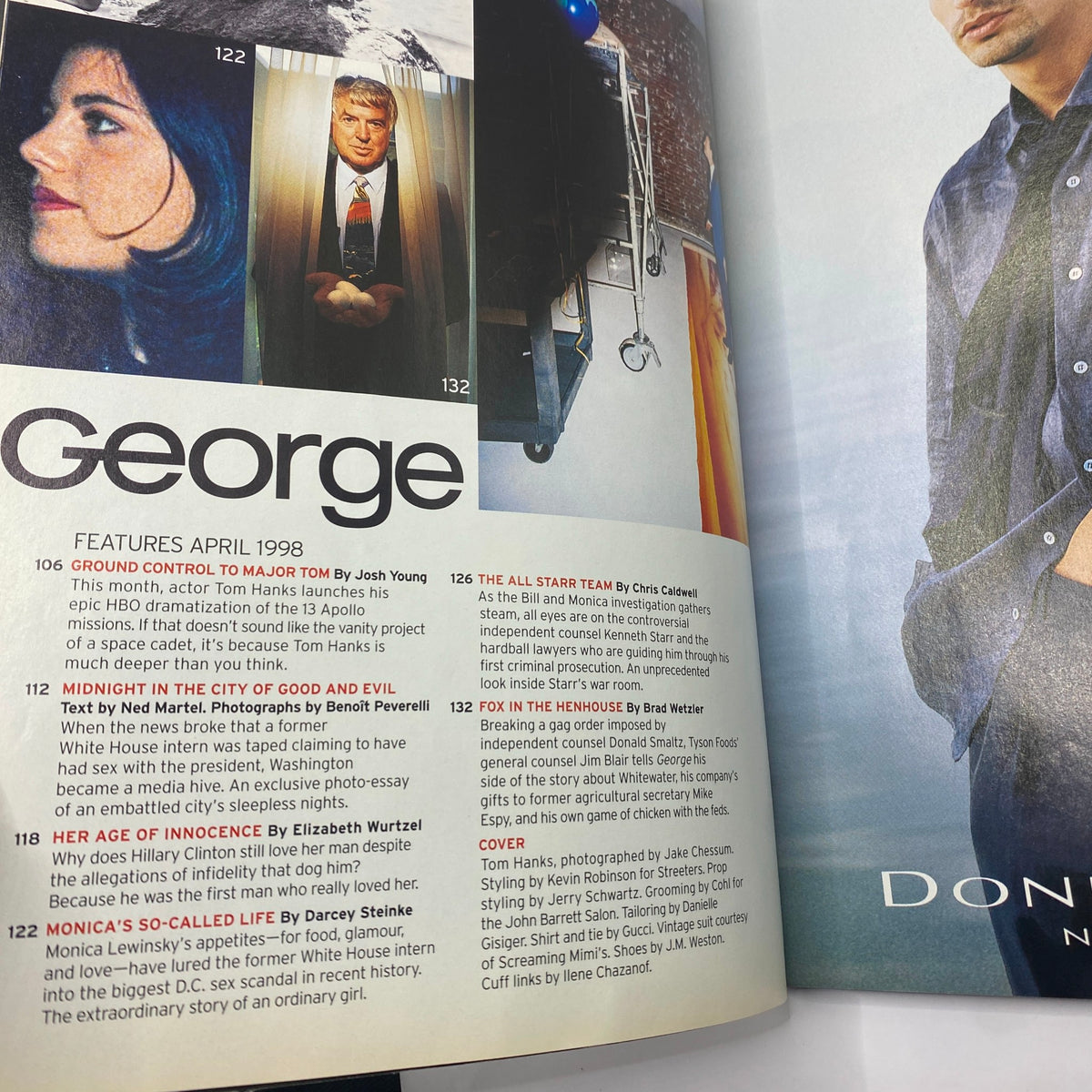 Inside page of George Magazine April 1998 showcasing article features including Tom Hanks and political commentary.