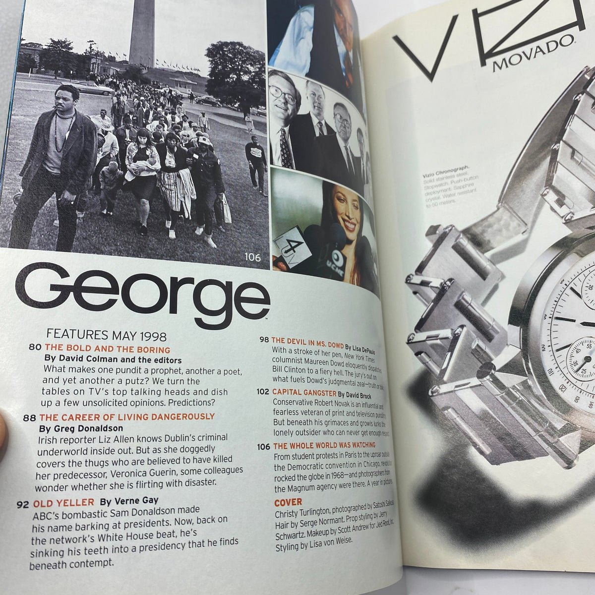 George Magazine May 1998 features an article layout with a title page, highlighting the contents including thoughtful commentary and showcases of prominent figures like Christy Turlington and Sam Donaldson.