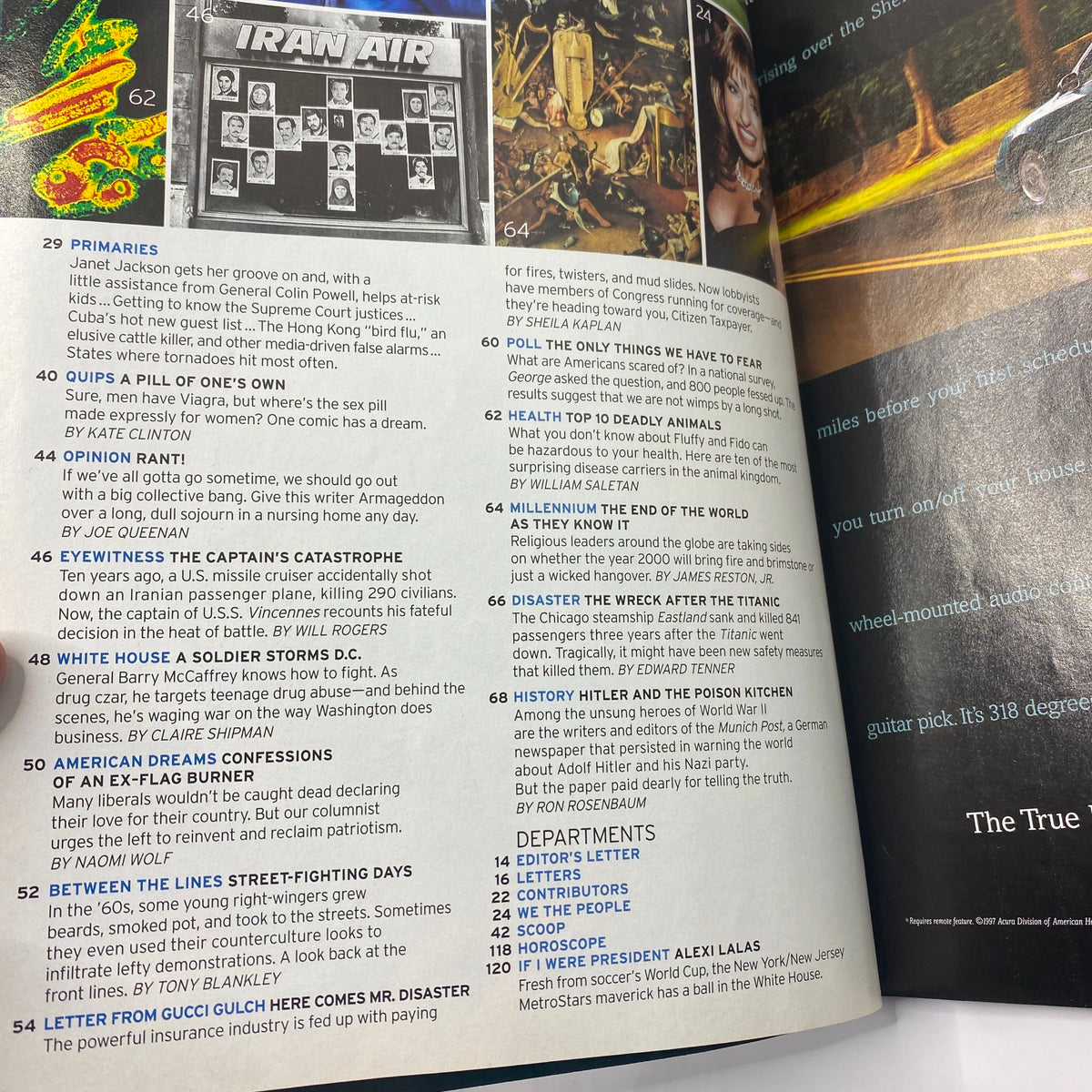 Another inside page of George Magazine July 1998 showcasing topics such as 'Primaries', 'Eyewitness', and 'History Hitler and the Poison Kitchen', reflecting the magazine's blend of entertainment and political discourse.