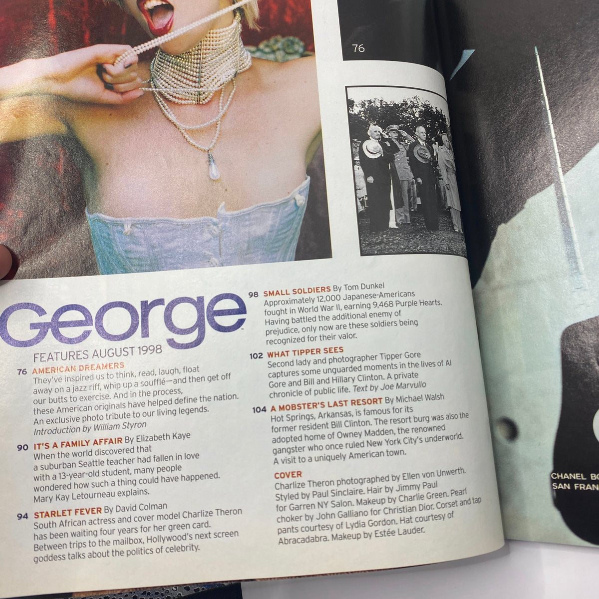 Interior page of George Magazine August 1998 showcasing the article on Charlize Theron, with title 'Starlet Fever' emphasizing her journey in Hollywood.