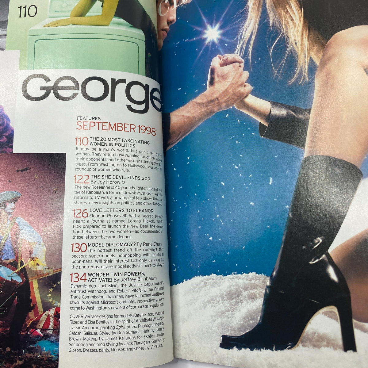 Interior page of George Magazine September 1998 showing article titles and features, including 'The 20 Most Fascinating Women in Politics' and 'Love Letters to Eleanor,' reflecting its cultural significance.