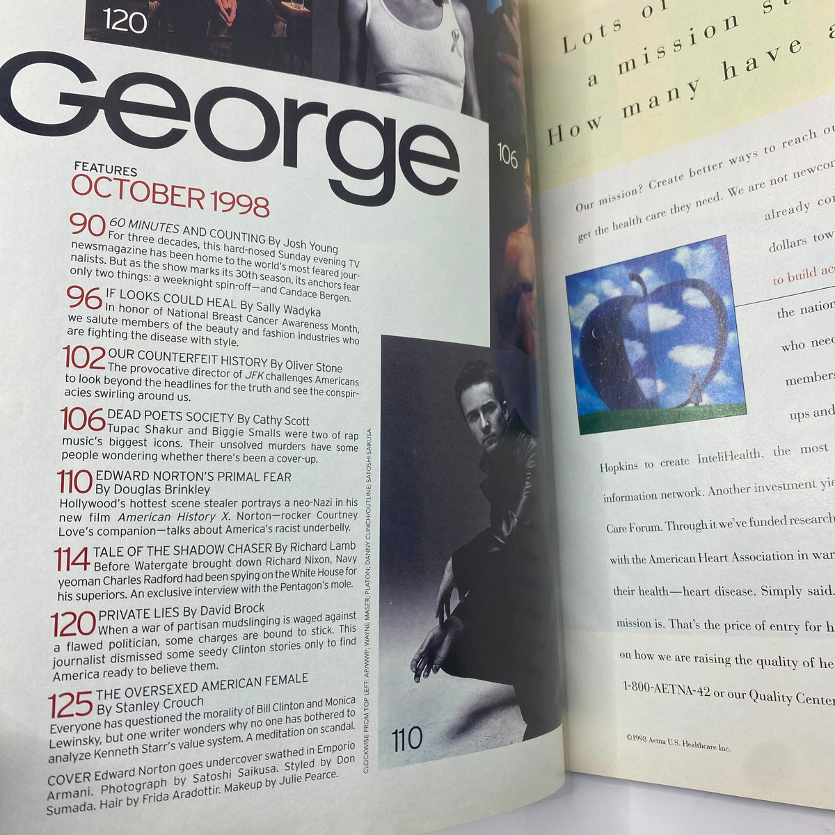 Interior pages of George Magazine October 1998 featuring Edward Norton on the cover. Pages highlight articles including 'Edward Norton's Primal Fear' and various topical discussions relevant to the late 1990s.