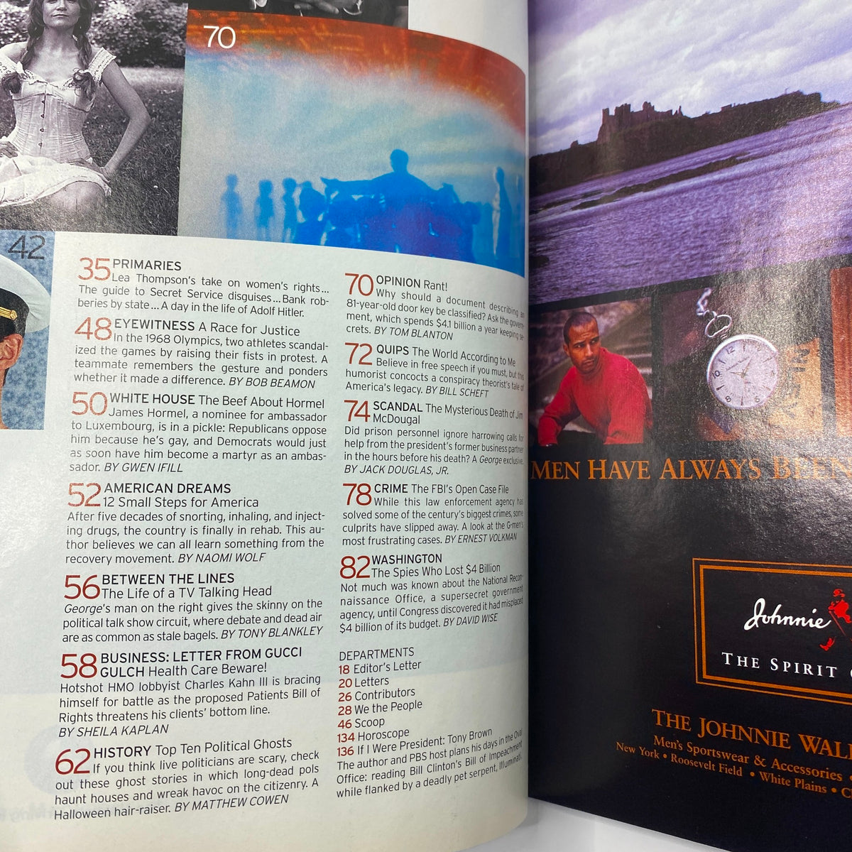 Pages from George Magazine October 1998 showcasing various quizzes, political commentary, and social issues, emphasizing the magazine's rich blend of pop culture and politics.