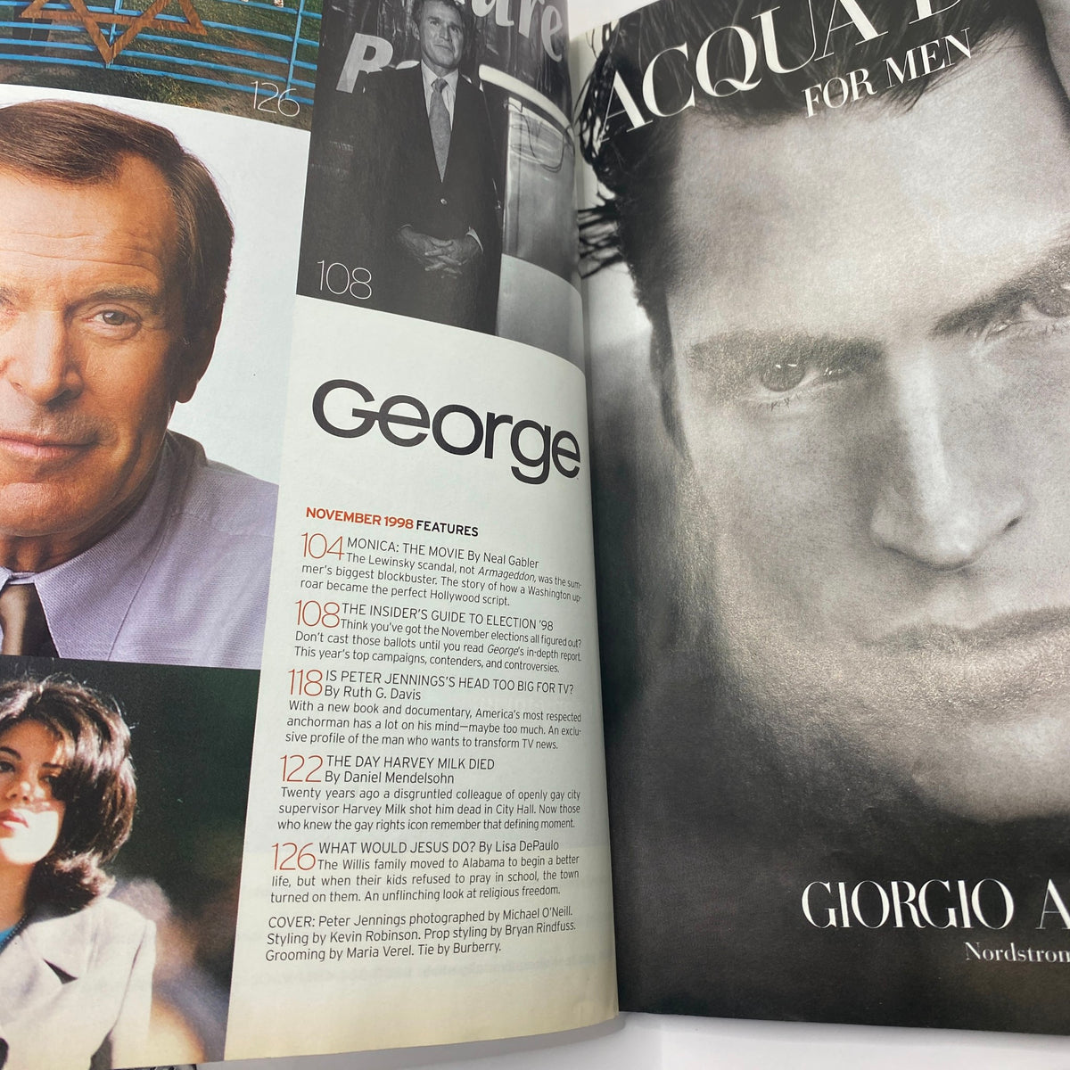 Spread of George Magazine November 1998 showcasing featured articles including one about Peter Jennings on the cover. The page layout emphasizes the journalistic content and interviews present in this issue.