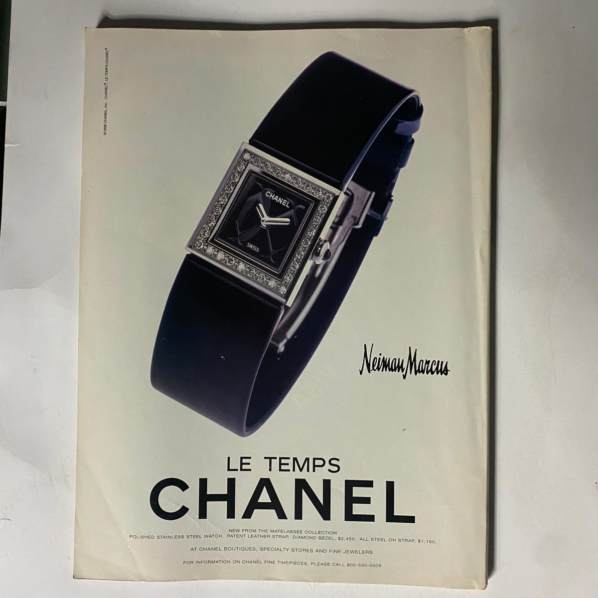 Back cover advertisement for Chanel watch in George Magazine November 1998. The ad features a stylish watch design and provides promotional details, reflecting the magazine's intersection of lifestyle and politics.