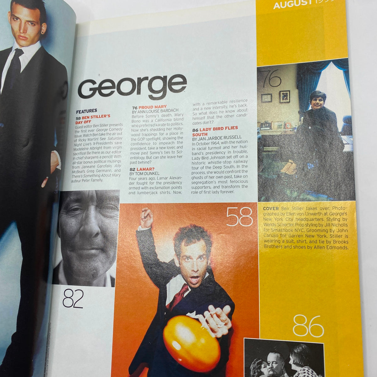 Inside spread from George Magazine August 1999 featuring Ben Stiller on the cover, with contributing features about pop culture and political commentary, highlighting Stiller's role and the magazine's unique blend of humor.