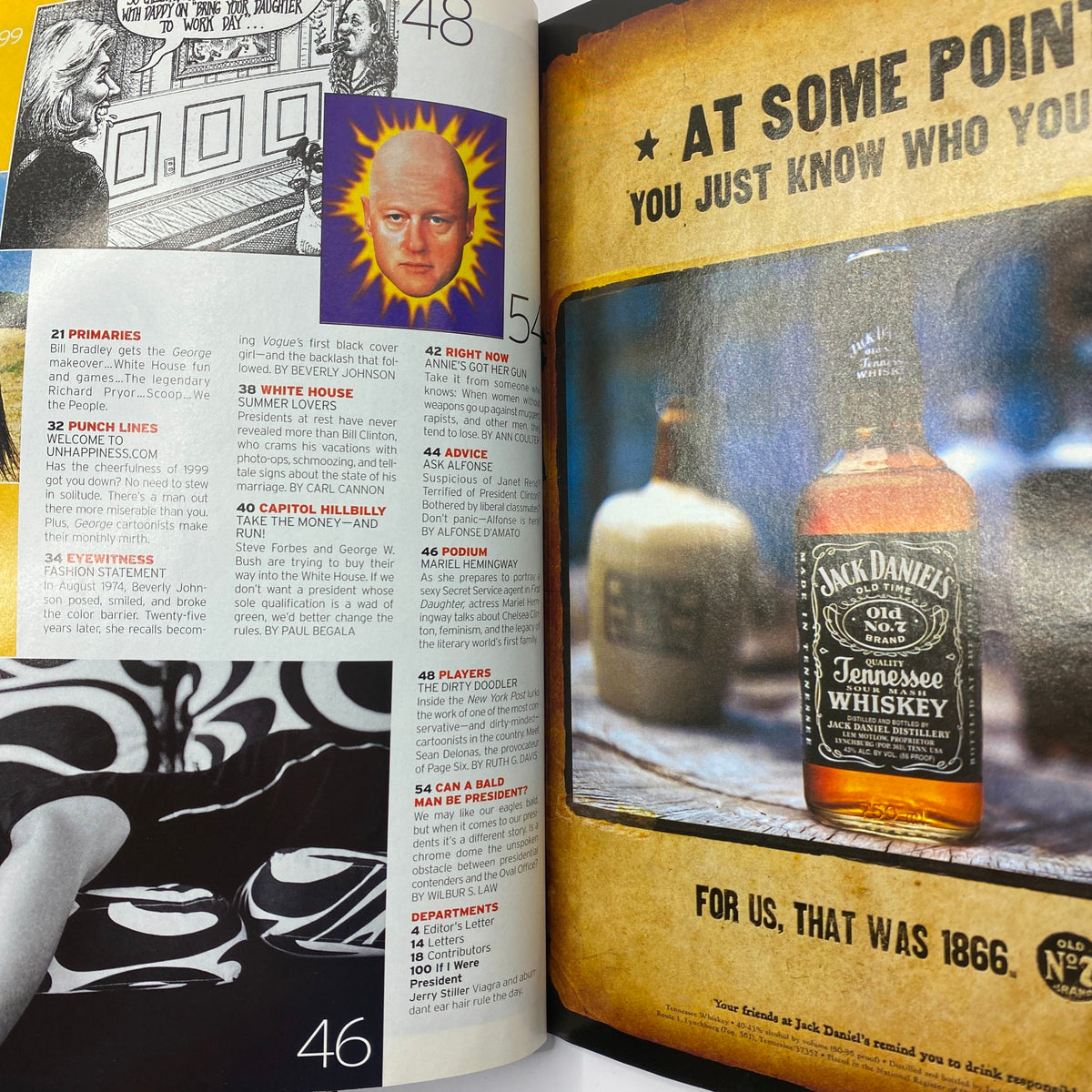 Another inside spread of George Magazine August 1999, showcasing articles and advertisements relevant to the time, including cultural references and editorial content, underlining the magazine's focus on contemporary issues and satire.