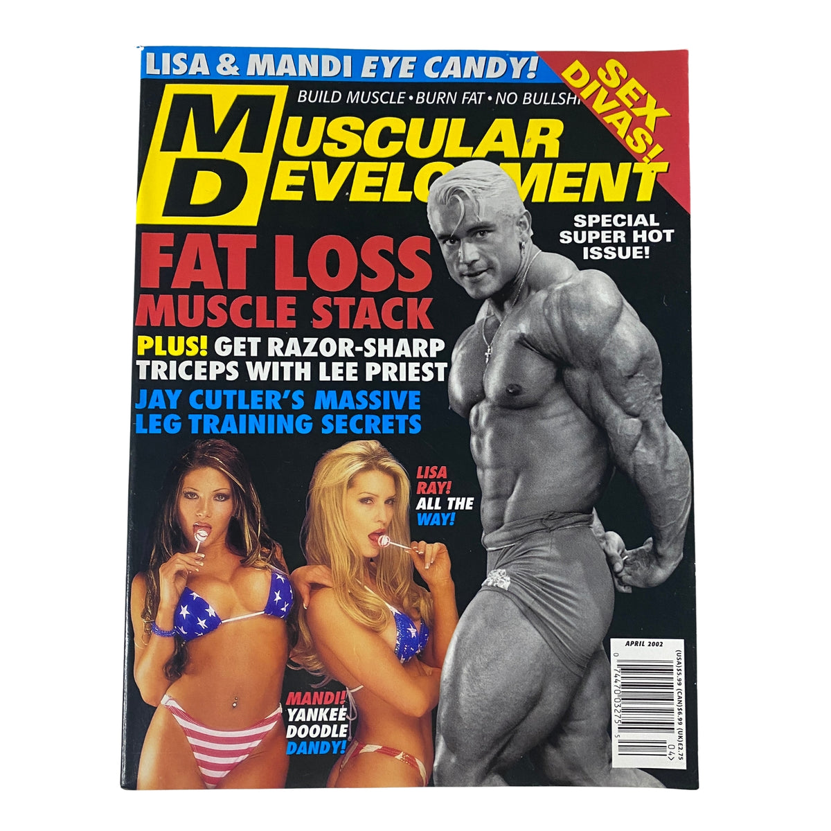 Muscular Development Magazine April 2002 featuring Lee Priest on the cover, showcasing fitness themes with a focus on bodybuilding and fat loss.