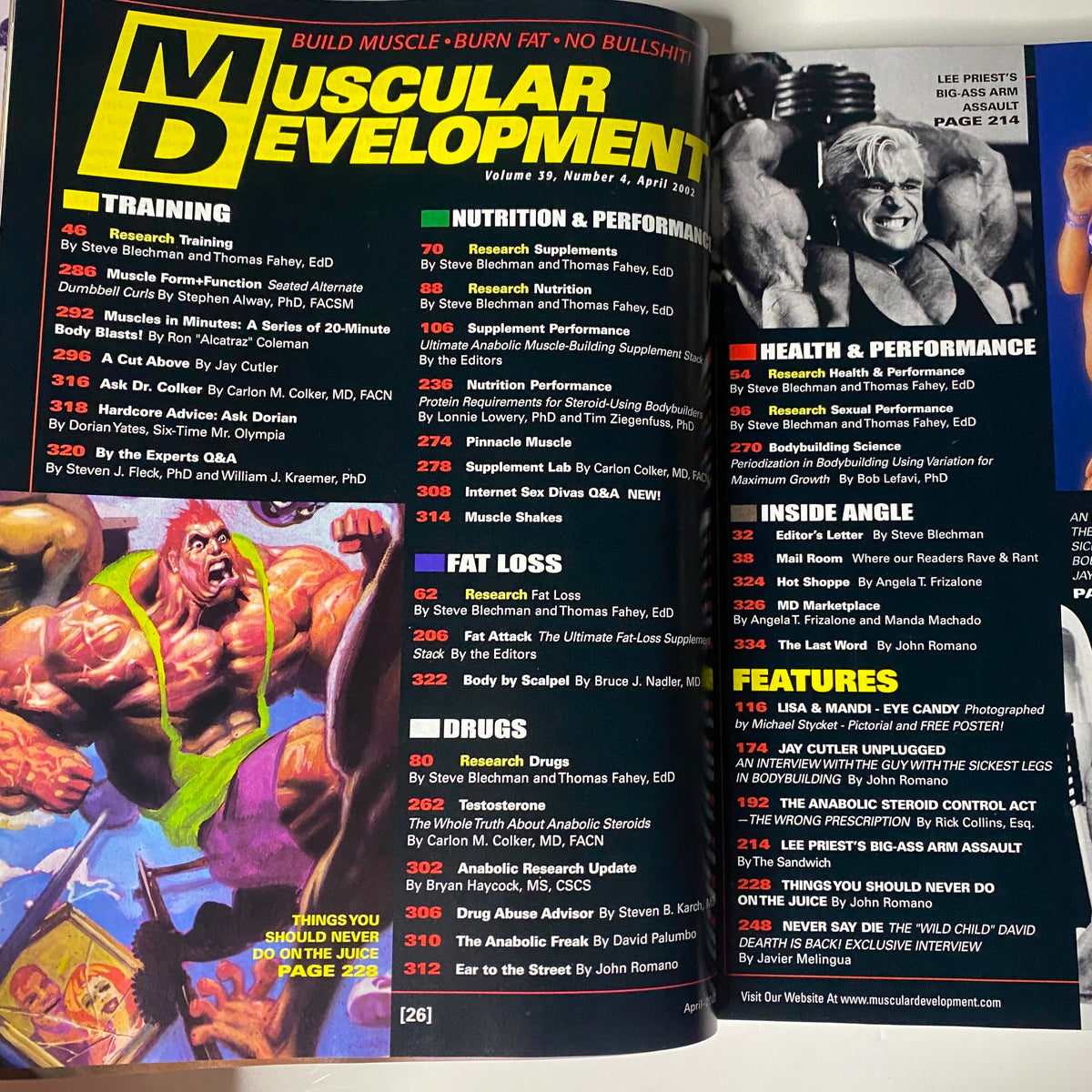 Inside spread of Muscular Development Magazine April 2002, includes contents page highlighting training, health, and bodybuilding features.