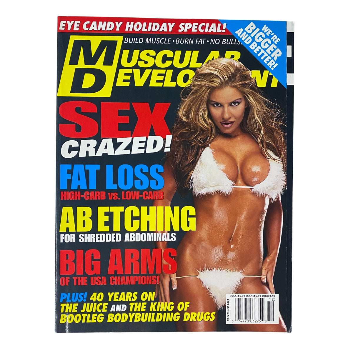 Muscular Development Magazine December 2002 cover featuring Troy Alves on the front, emphasizing themes of holiday fitness, fat loss, and body sculpting.