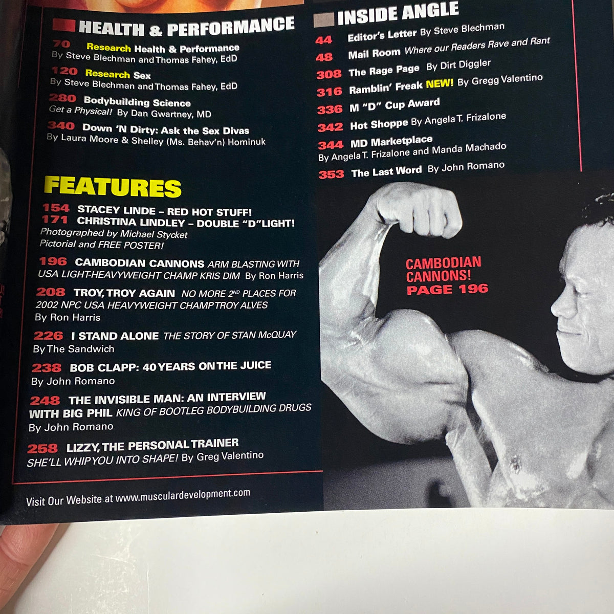 Another inside page of Muscular Development Magazine December 2002 showcasing features and articles including the section on Cambodian Cannons and bodybuilders.