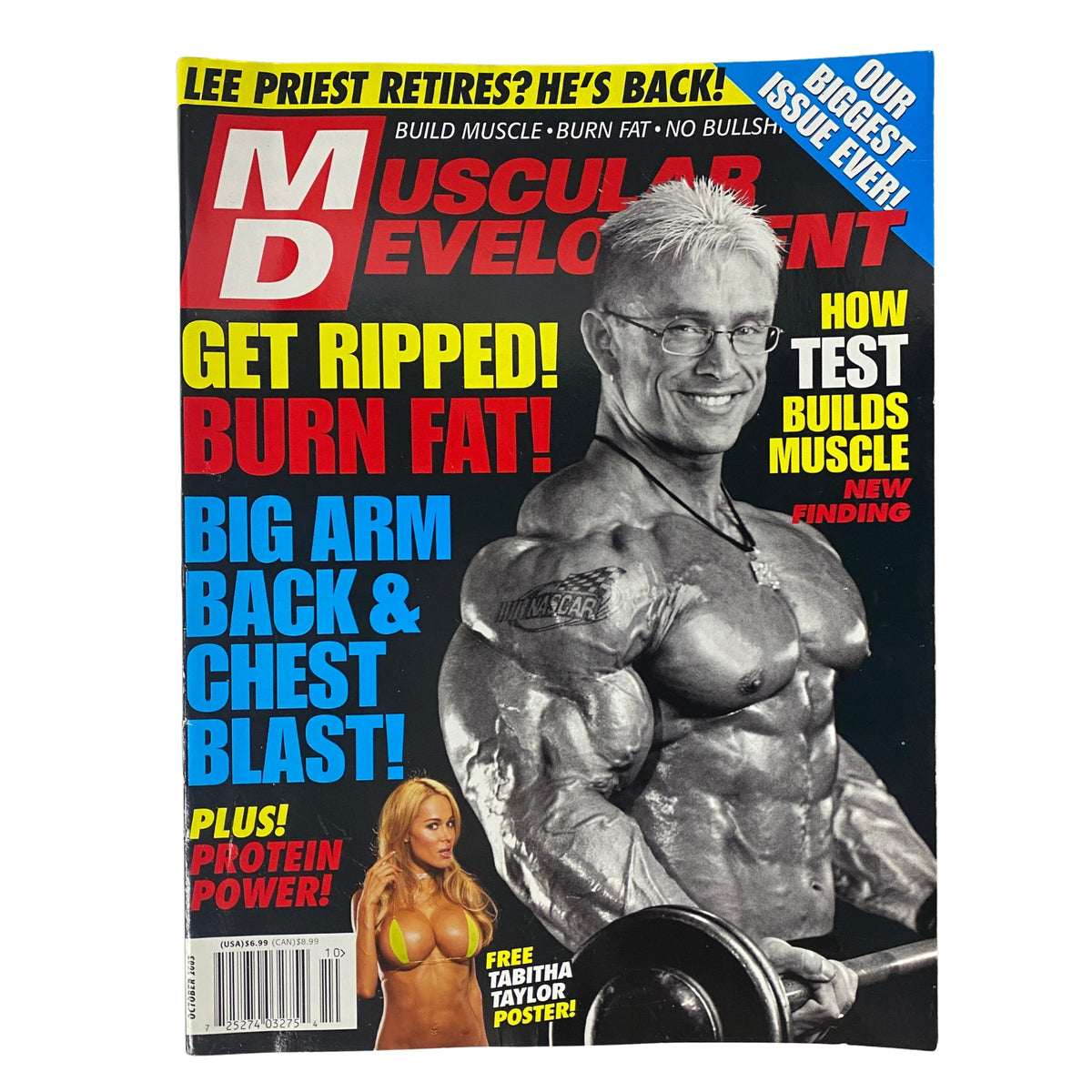 Muscular Development Magazine October 2003 featuring Lee Priest on the cover, showcasing fitness tips and a focus on bodybuilding.