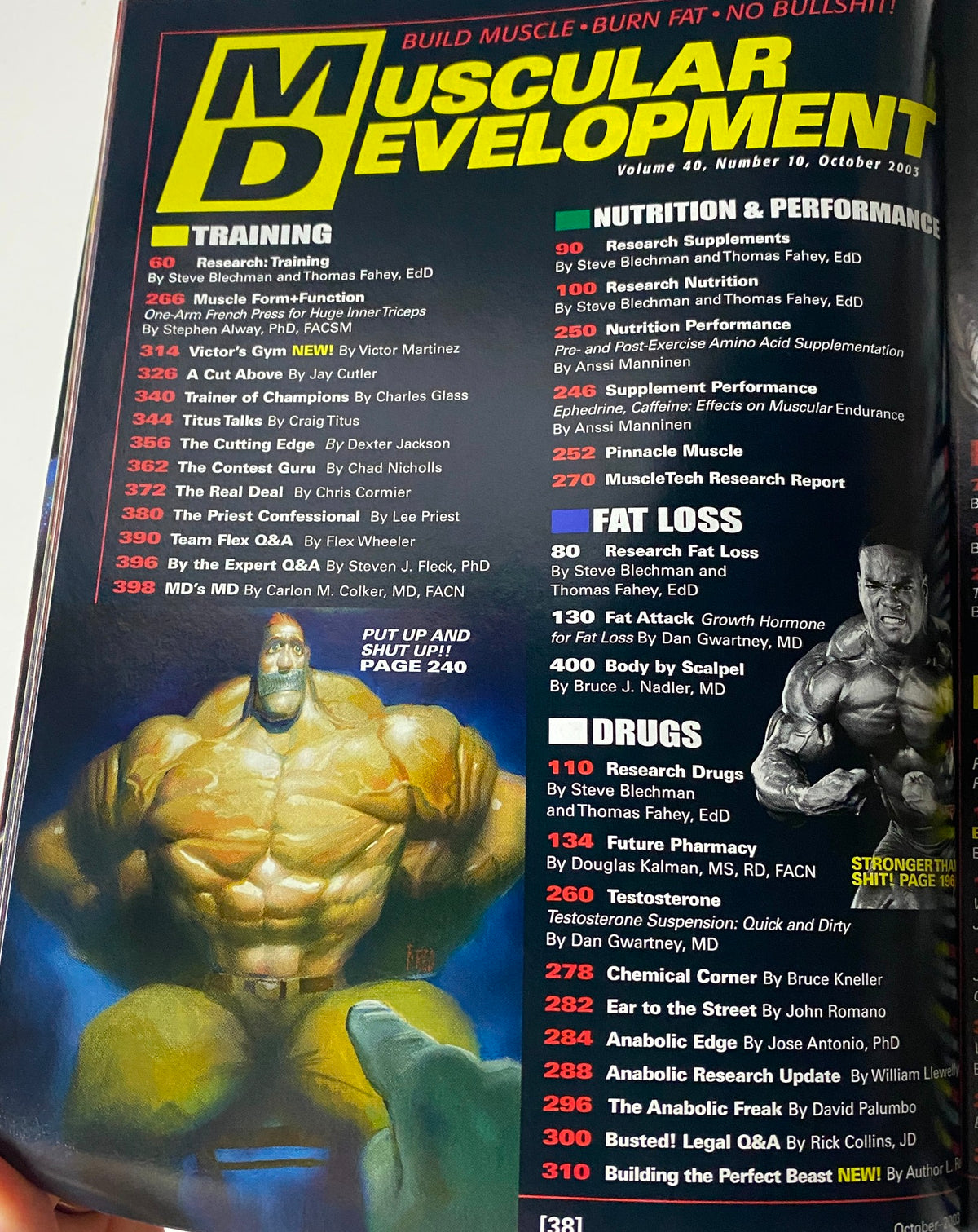 Inside page of Muscular Development Magazine October 2003 displaying the table of contents, including articles on training, nutrition, and performance.