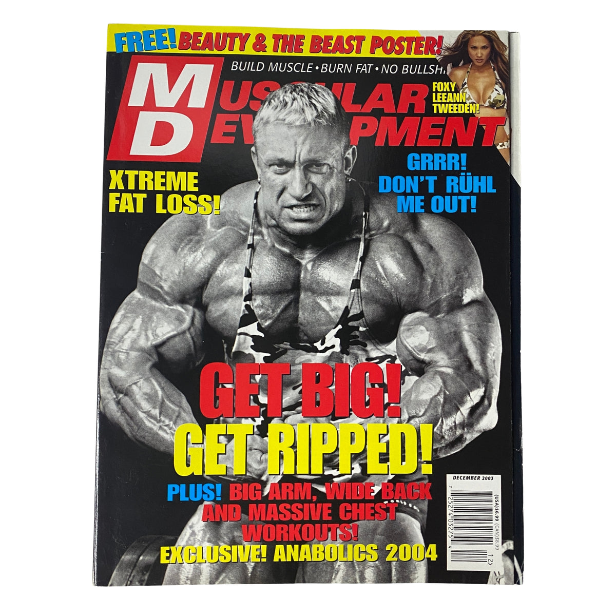 Cover of Muscular Development Magazine December 2003 featuring Markus Rühl with the title 'Get Big! Get Ripped!'. Highlights include a free Beauty & The Beast poster and feature articles on bodybuilding.