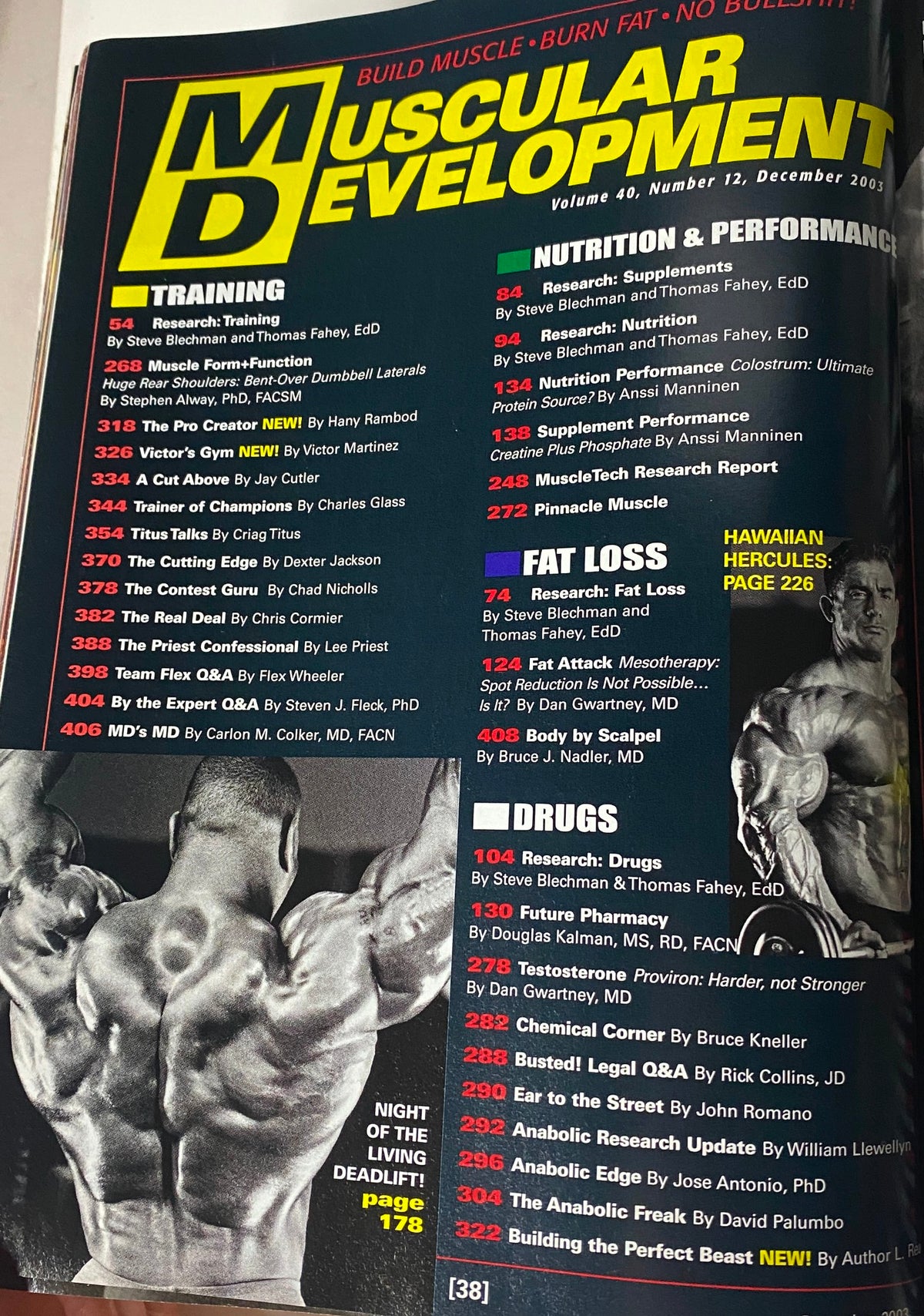 Contents page of Muscular Development Magazine December 2003 showcasing sections on training, nutrition, and fat loss, including insights from athletes and experts. Features important articles related to bodybuilding performance.