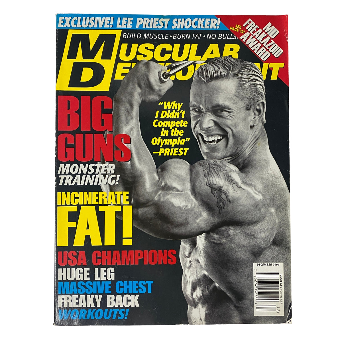 Muscular Development Magazine December 2004 Vol. 41 No. 12 featuring Lee Priest on the cover, showcasing bodybuilding themes with bold headlines on muscle training and exclusive interviews.