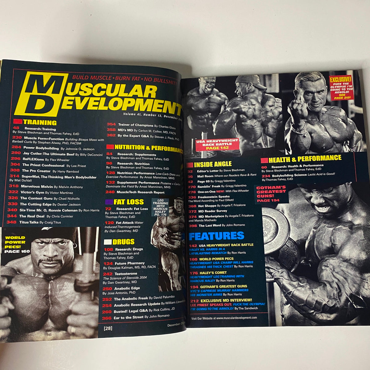 Inside page of Muscular Development Magazine December 2004 Vol. 41 No. 12 displaying the table of contents, highlighting key articles and sections related to bodybuilding training and nutrition.