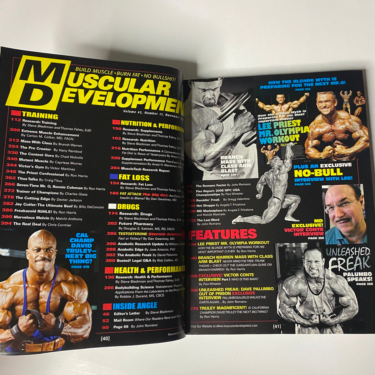 Inside view of Muscular Development Magazine November 2005 Vol 42 No. 11 containing a table of contents that highlights training, nutrition, and exclusive features related to Lee Priest and bodybuilding.