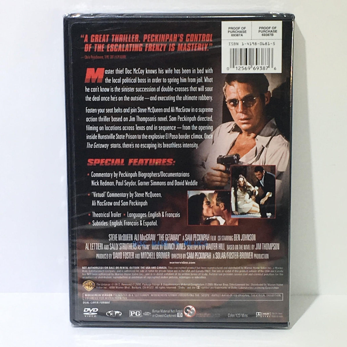 Back cover of The Getaway DVD featuring Steve McQueen and Ali MacGraw, showcasing special features and descriptions.