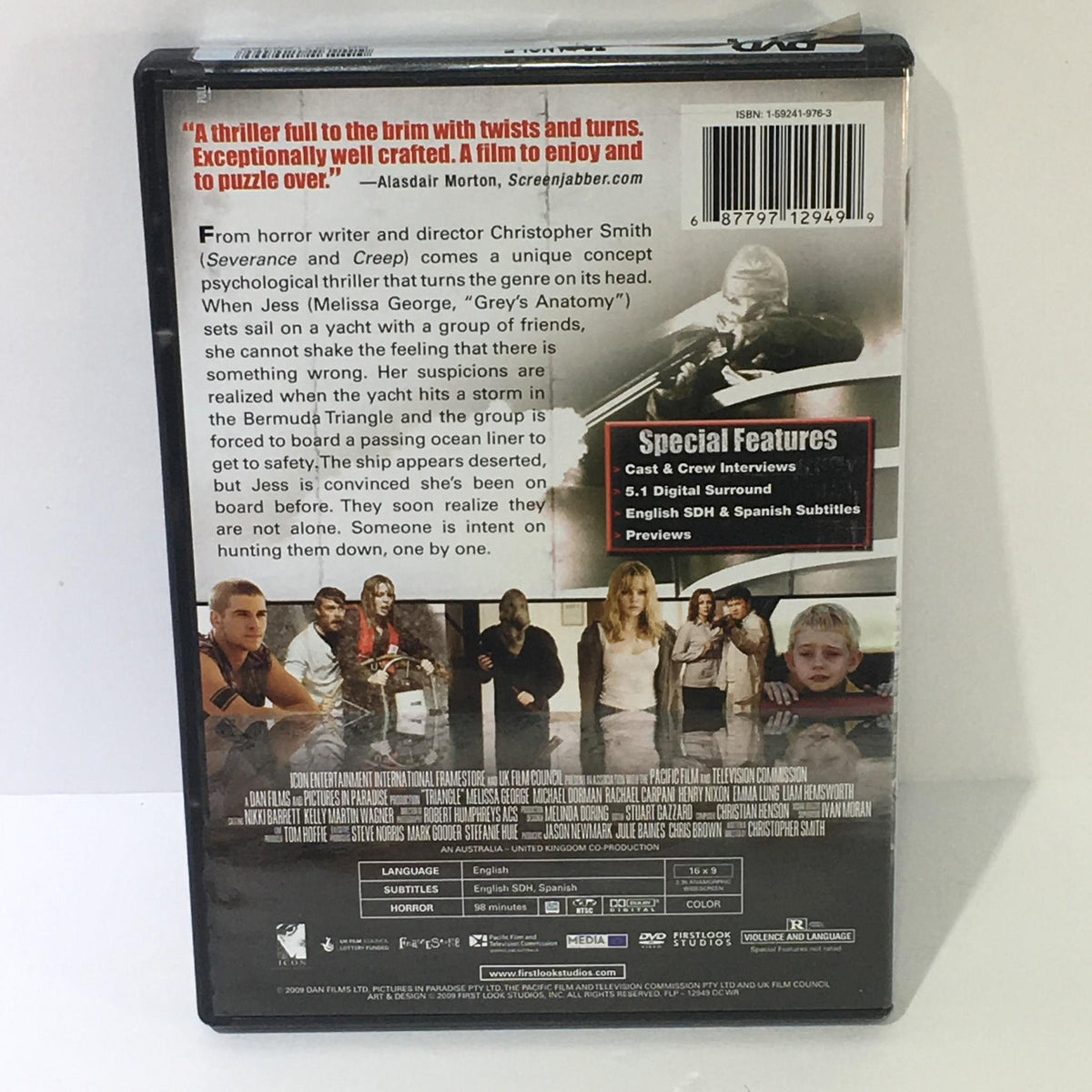 Back cover of Triangle Melissa George Michael Dorman DVD, displaying movie synopsis, special features, and cast information, emphasizing its thrilling and suspenseful nature.