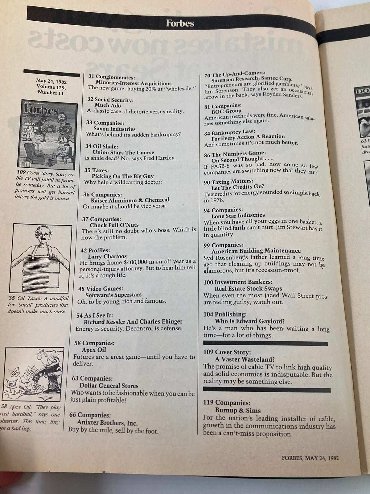 Interior page of VTG Forbes Magazine May 24 1982 detailing the table of contents and features, including the cover story 'Cable TV: An Even Vaster Waste Land?'