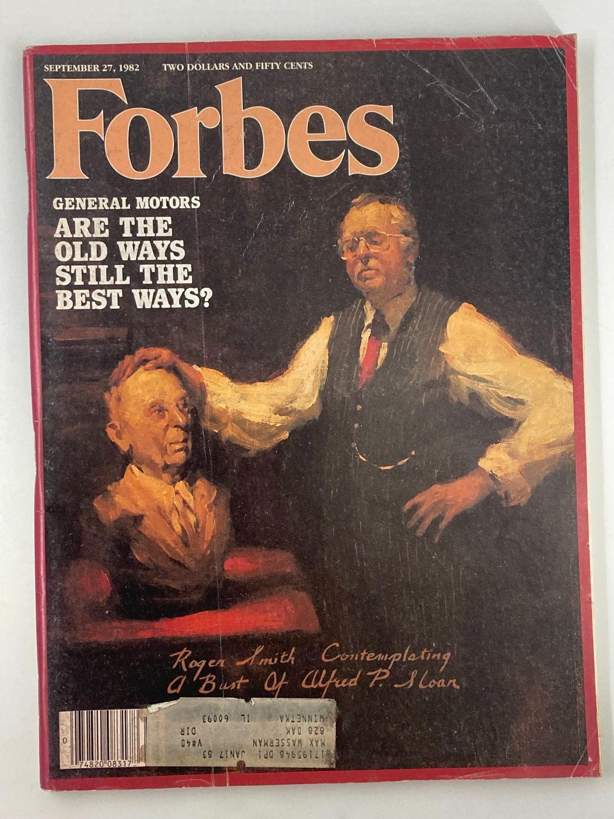 Cover of VTG Forbes Magazine September 27, 1982 featuring an illustration of Roger Smith and Alfred P. Sloan with the question 'Are the old ways still the best ways?' prominently displayed.