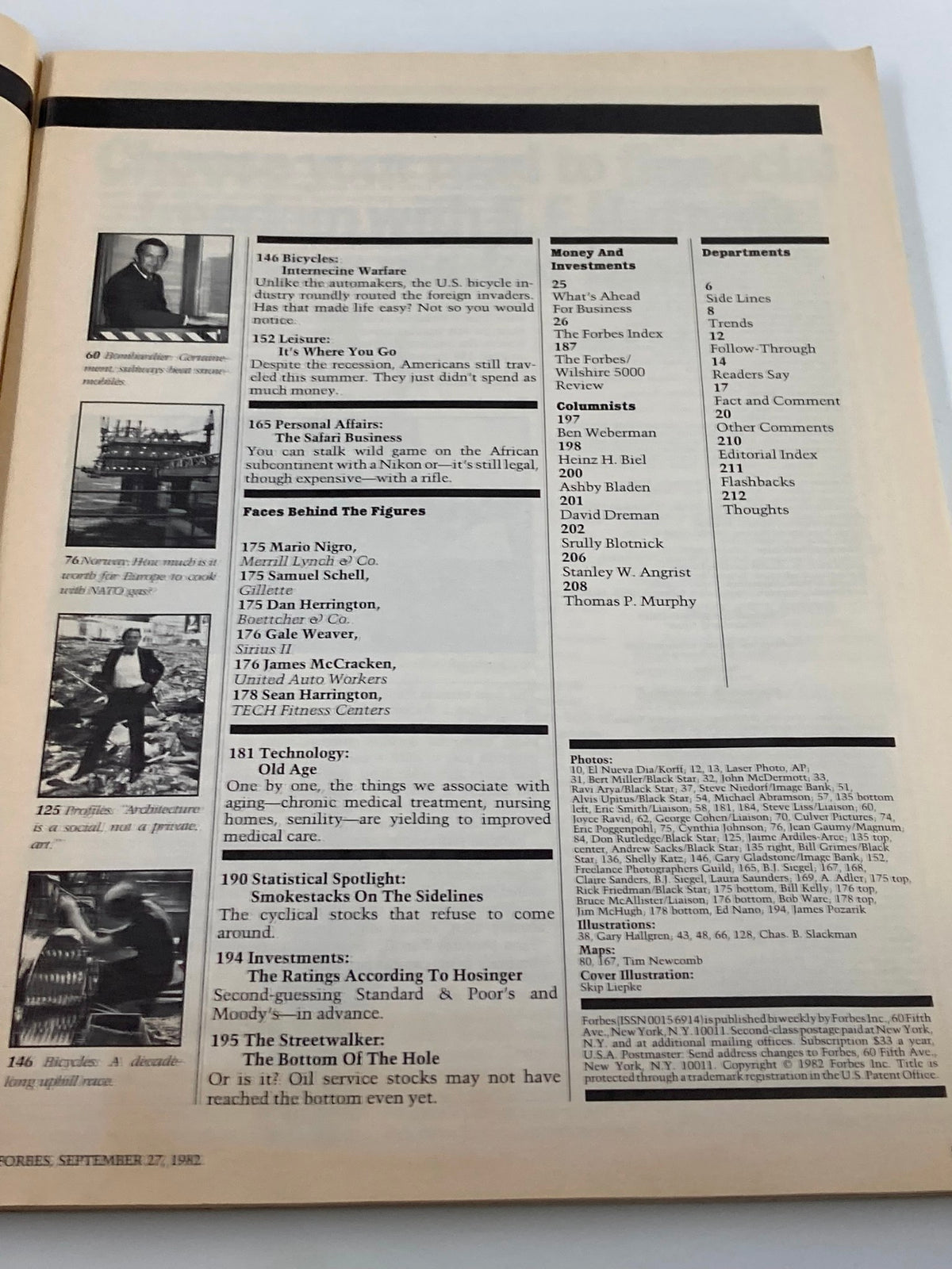 Another interior page of the VTG Forbes Magazine from September 27, 1982, showcasing an index and list of articles related to business and investment.