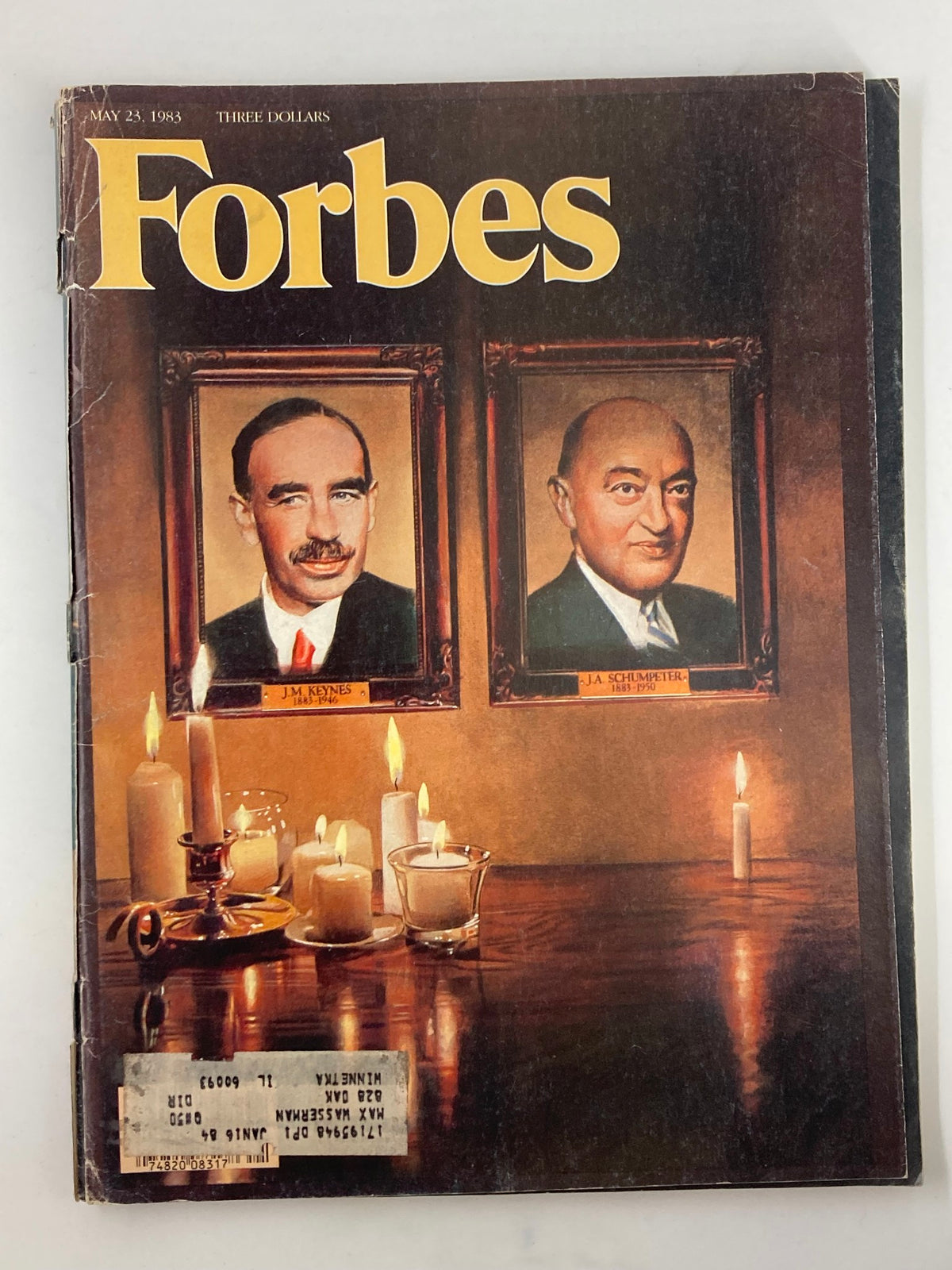 Cover of VTG Forbes Magazine May 23, 1983 featuring portraits of economists J.M. Keynes and J.A. Schumpeter, surrounded by candles.