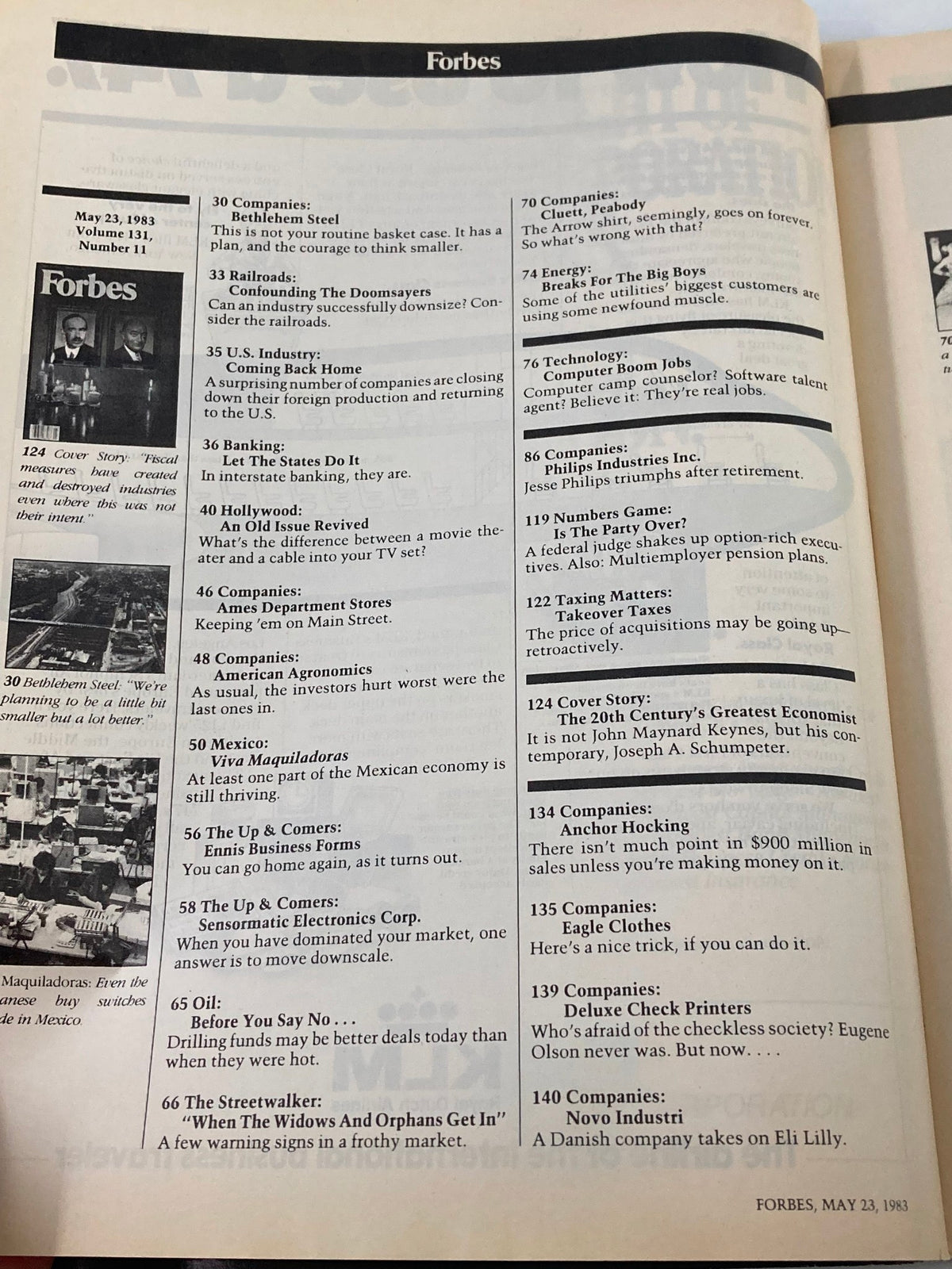 Table of contents page from VTG Forbes Magazine May 23, 1983, listing articles including a cover story on the economists J.M. Keynes and J.A. Schumpeter.