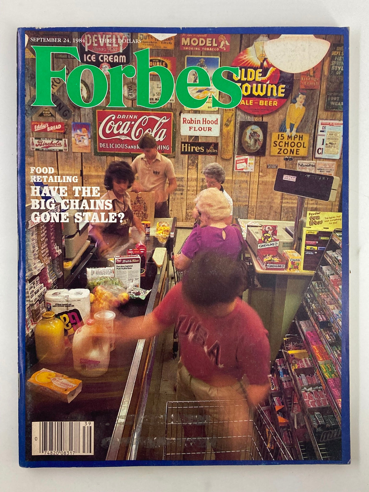 Cover of vintage Forbes Magazine from September 24, 1984, featuring the article 'Have The Big Chains Gone Stale?', showcasing a busy retail environment with shoppers and products reflecting the retail dynamics of the 1980s.