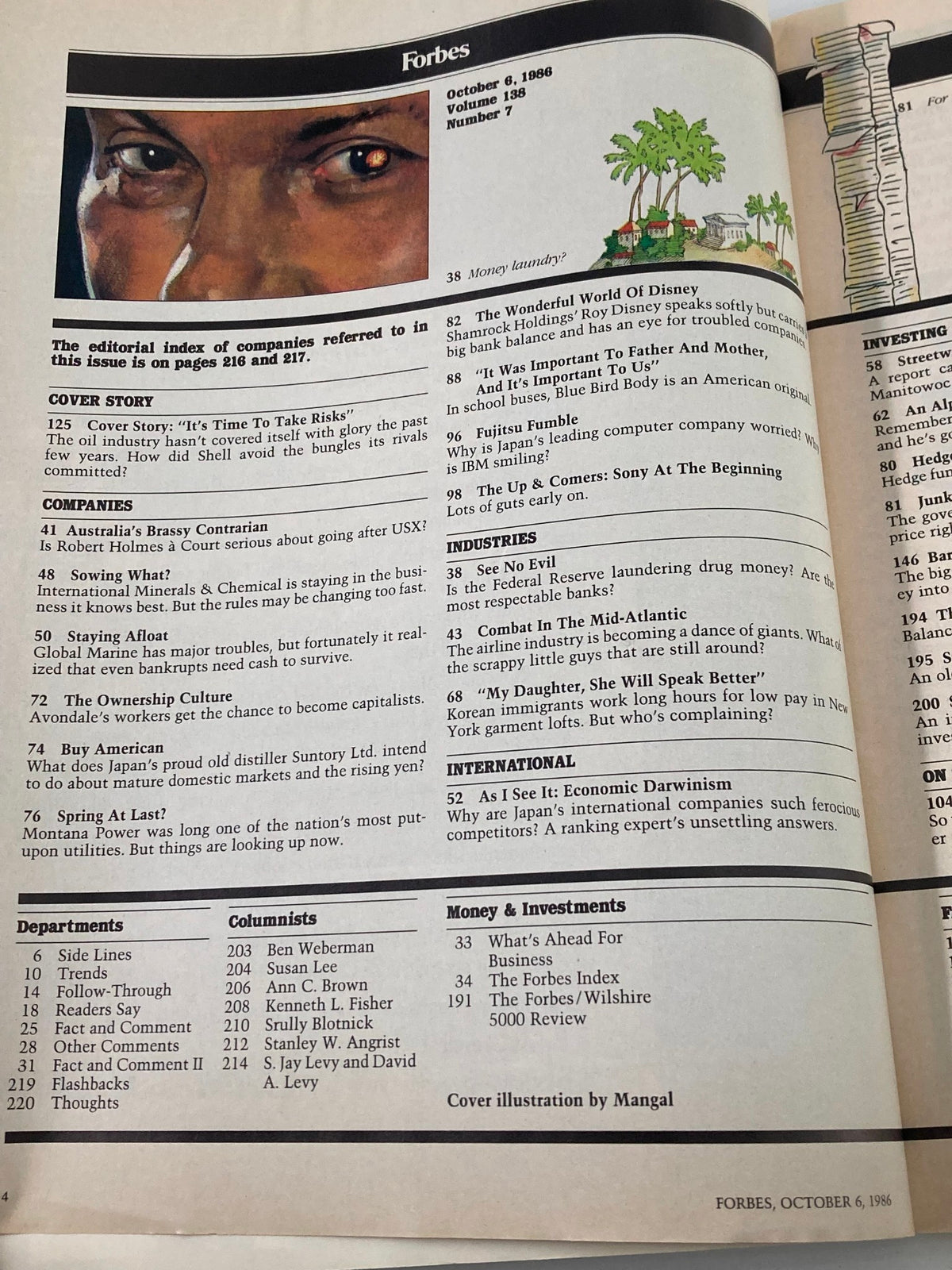 VTG Forbes Magazine October 6 1986 interior page showcasing the editorial index of companies and featured articles, emphasizing insights on business strategies of the 1980s.