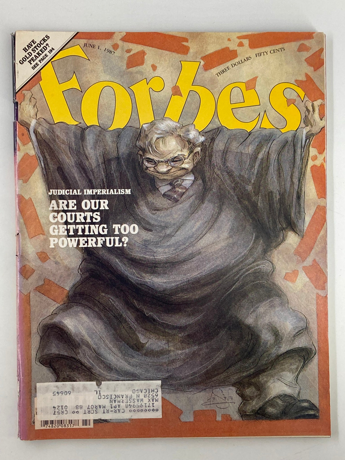 Cover of VTG Forbes Magazine June 1 1987 featuring the article 'Are Our Courts Getting Too Powerful?' with a depiction of a judge in a robe, emphasizing judicial power.