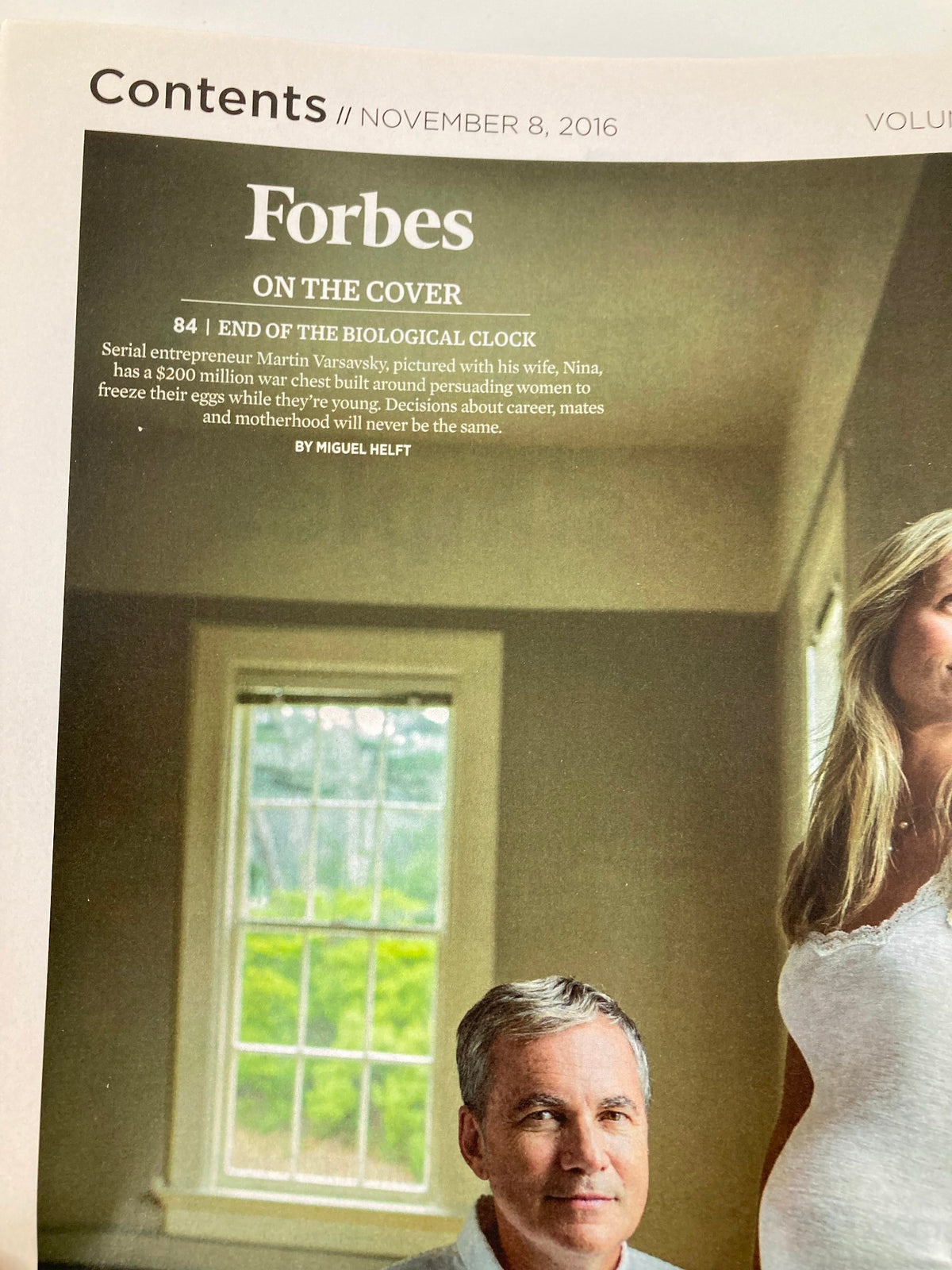 Contents page of Forbes Magazine dated November 8, 2016, featuring the article by Martin Varsavsky titled 'End of the Biological Clock.' The page includes a photo of Varsavsky and discusses themes of fertility and parenthood.