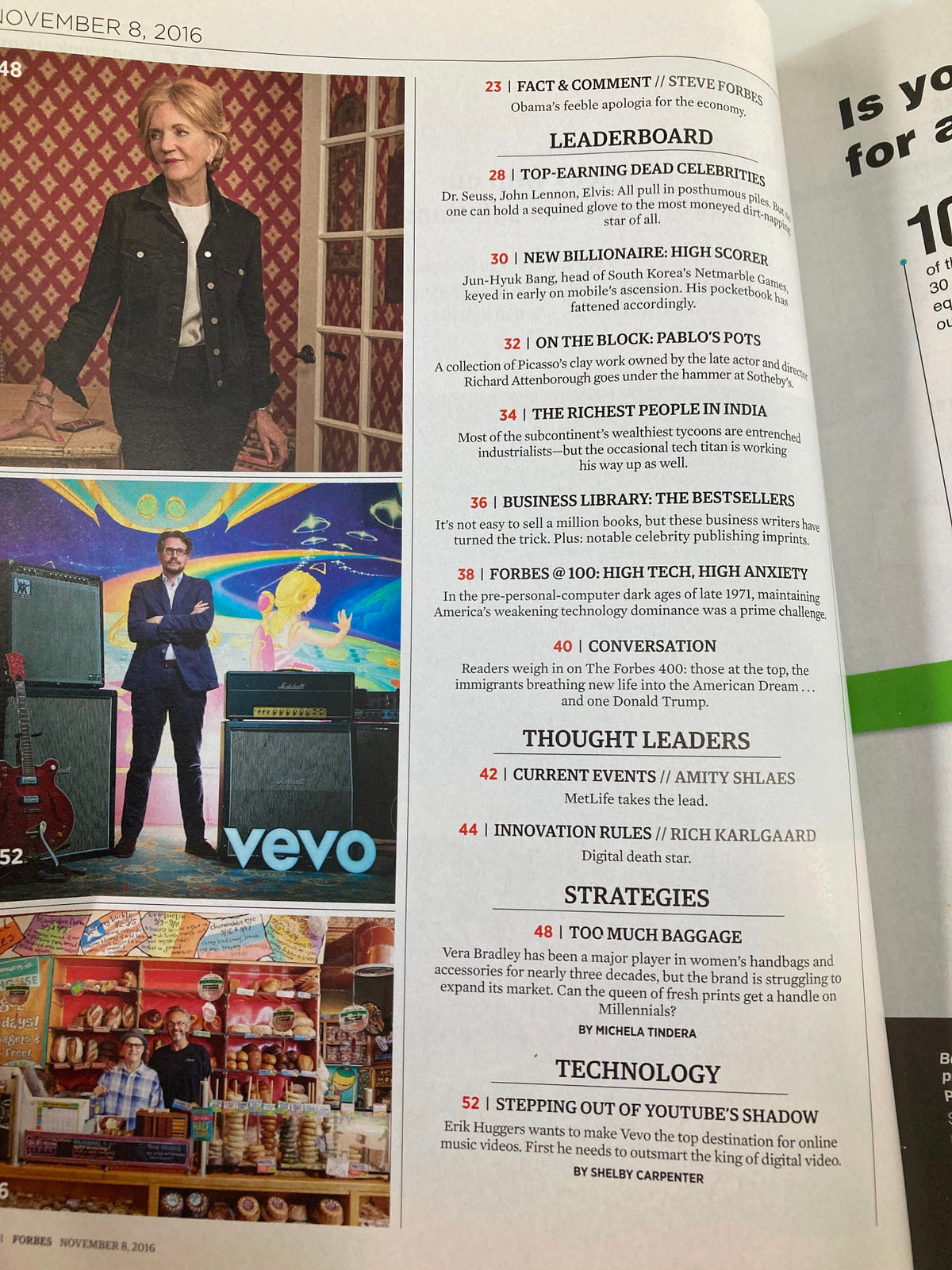 Second contents page of Forbes Magazine, November 8, 2016, showcasing various articles including 'Innovation Rules' by Rick Karlgaard and 'Stepping Out of YouTube's Shadow' by Erik Hurst. Highlights notable figures in business and culture.
