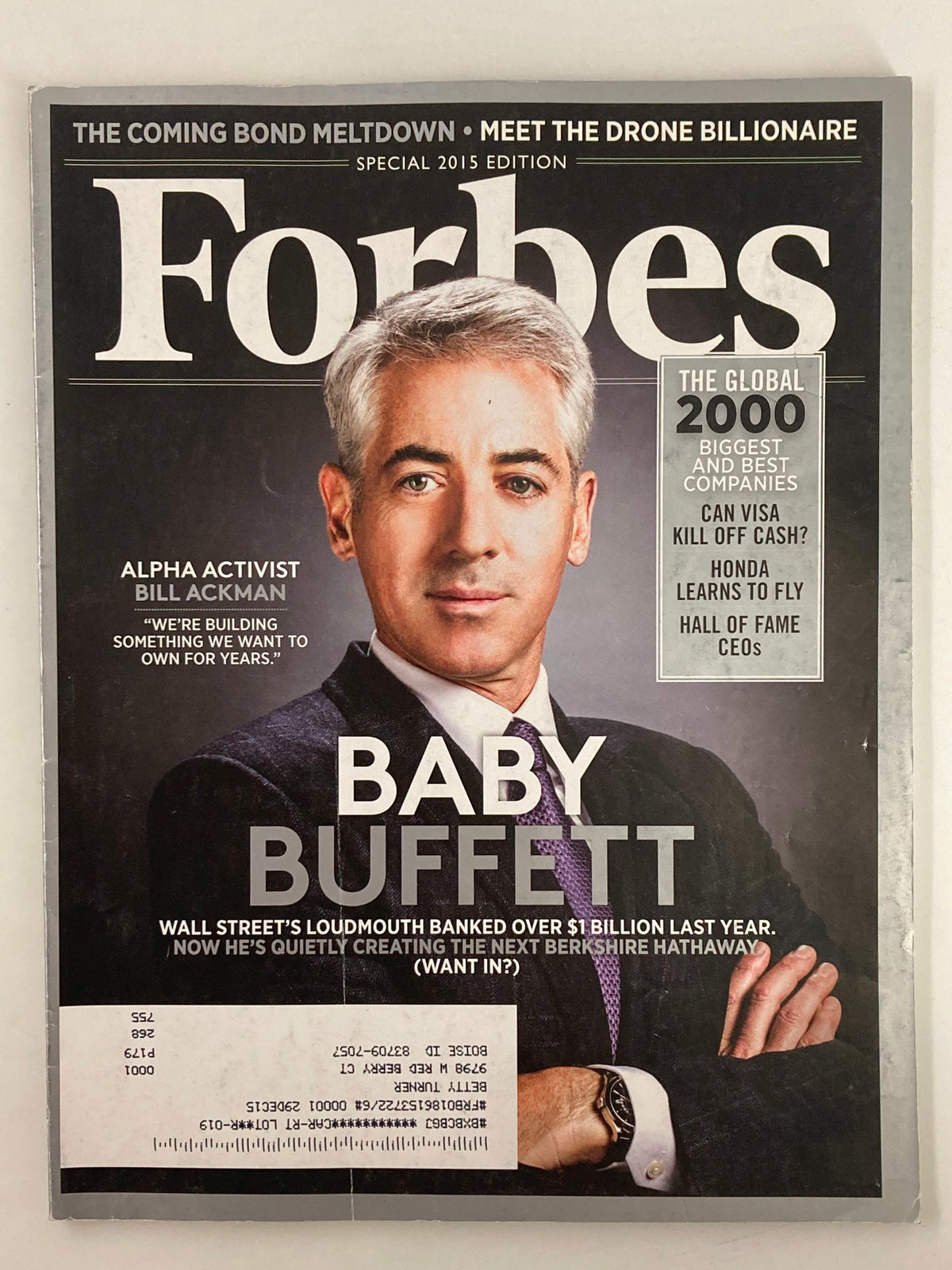 Forbes Magazine cover from May 25, 2015, featuring Alpha Activist Bill Ackman on the front, highlighting Baby Buffett and discussing investment strategies.