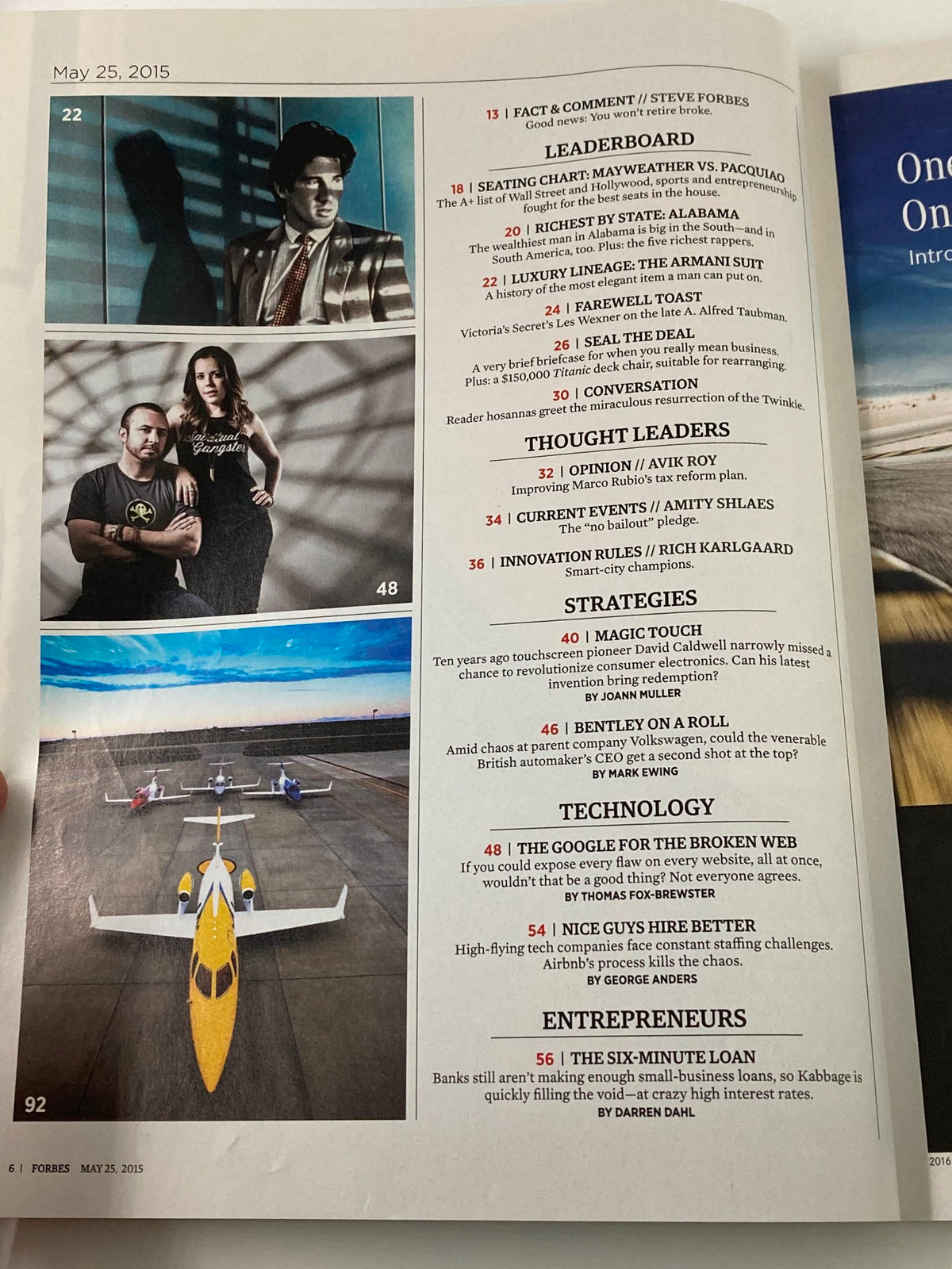 Contents page of Forbes Magazine May 25, 2015 listing articles including Bill Ackman and a section on strategies in investing and technology.