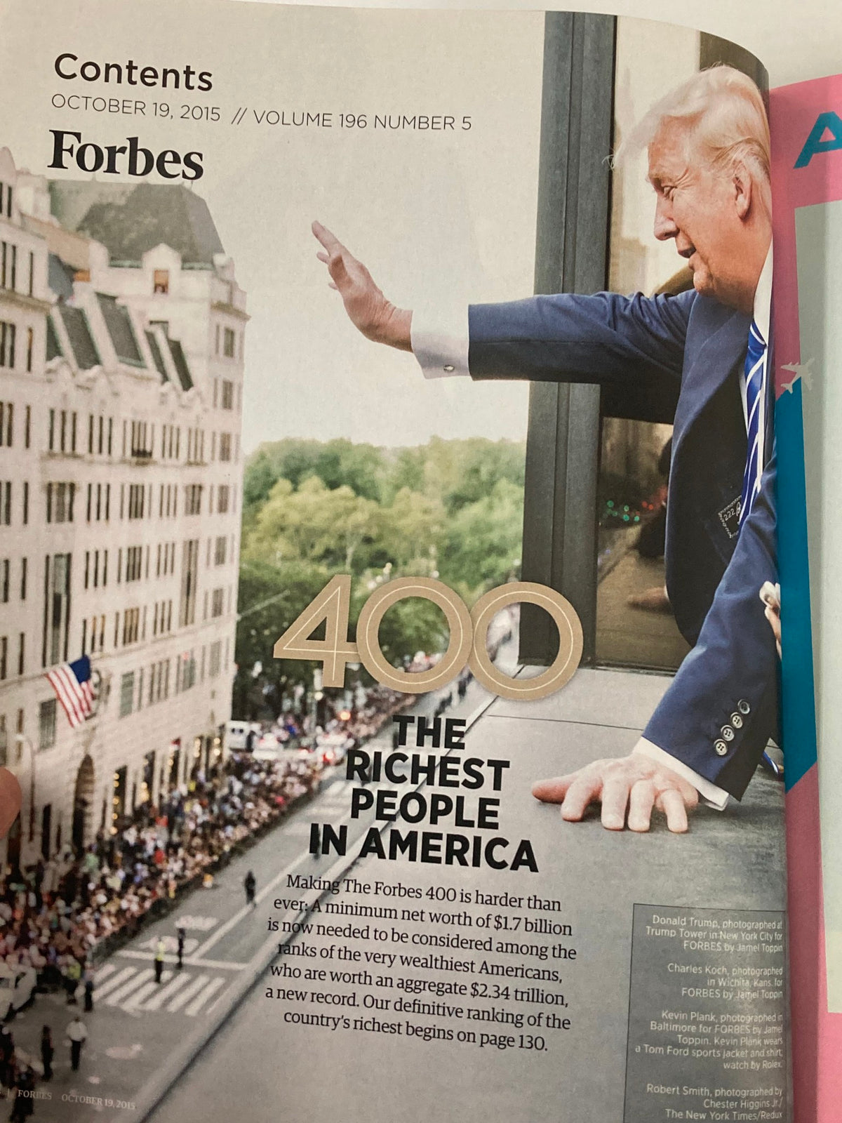 Inside page of Forbes Magazine October 19 2015 showcasing the contents and insights on America's richest individuals.