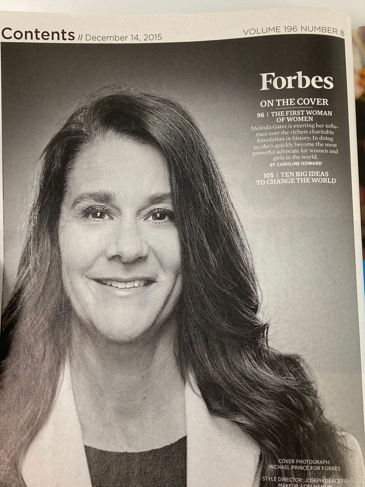 Contents page of Forbes Magazine December 14, 2015 showcasing Melinda Gates as the first woman on the cover, emphasizing her contributions and vision.