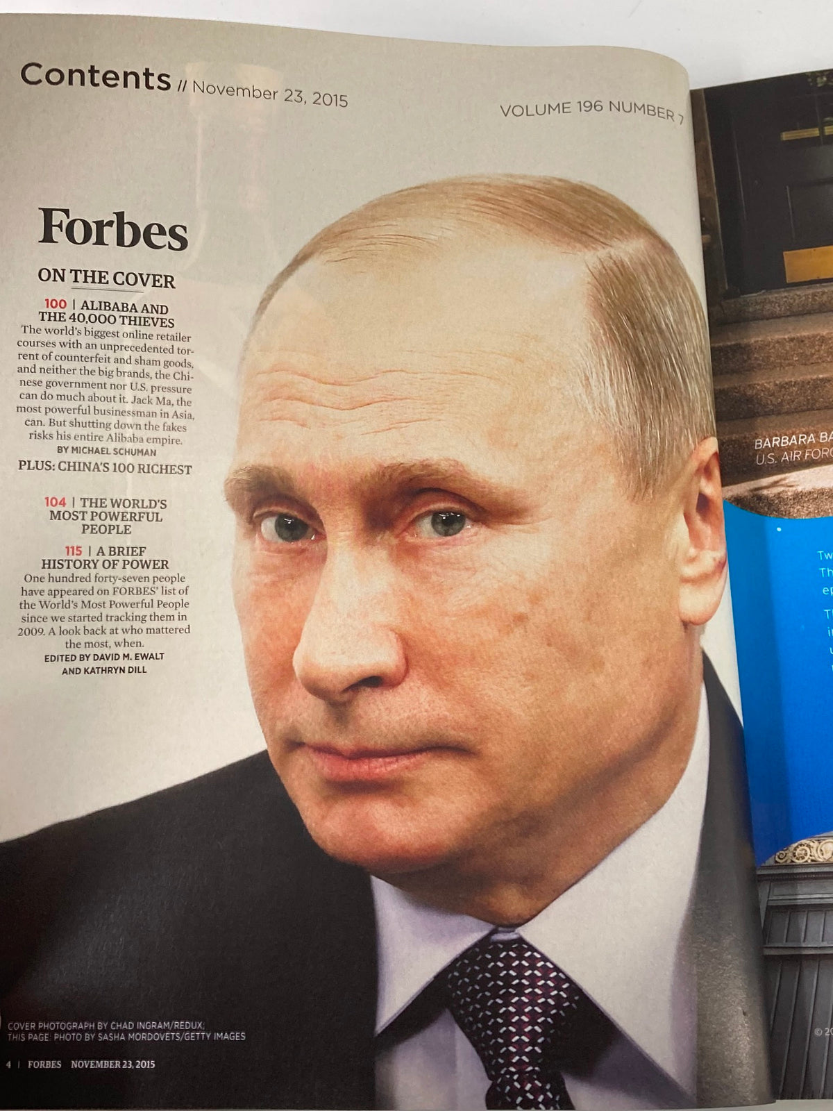 Forbes Magazine November 23, 2015 cover featuring Vladimir Putin, showcasing the magazine's contents including a focus on powerful global figures.