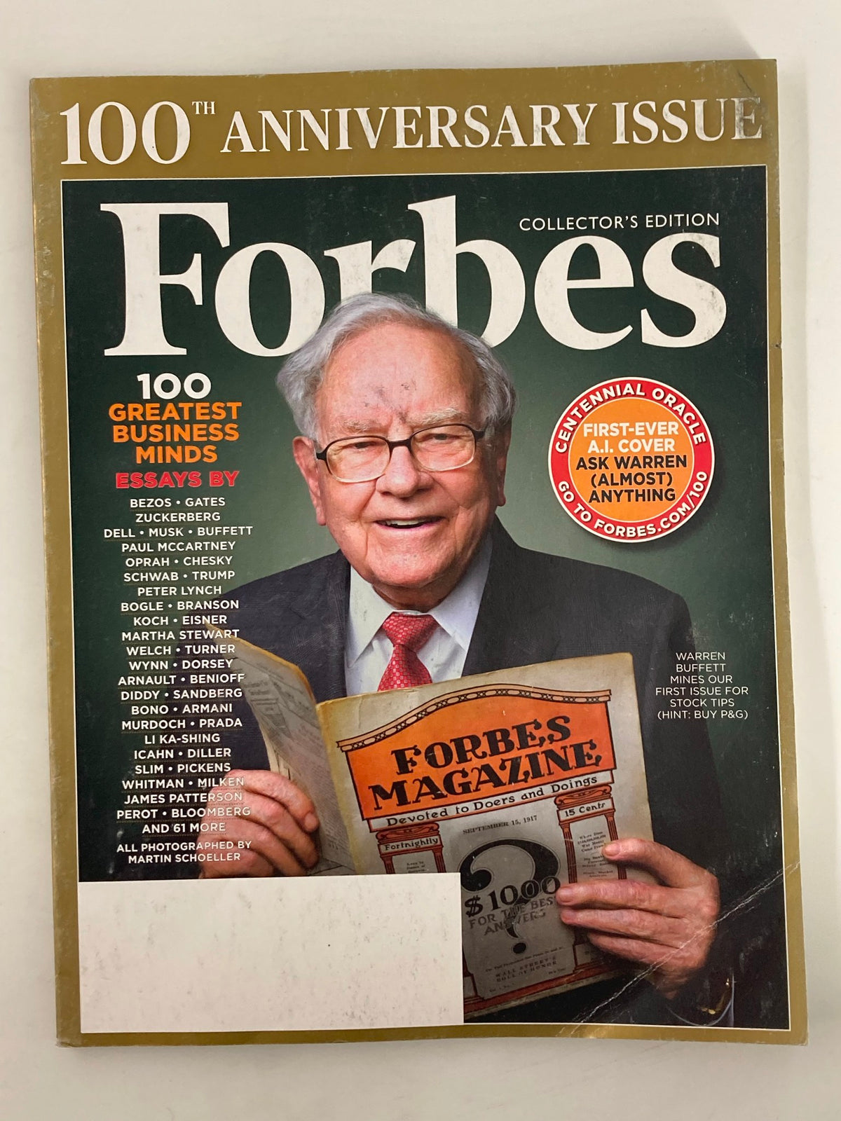 Cover of Forbes Magazine dated September 28, 2017, featuring Warren Buffett on the front, celebrating the 100th anniversary edition, showcasing notable business leaders.