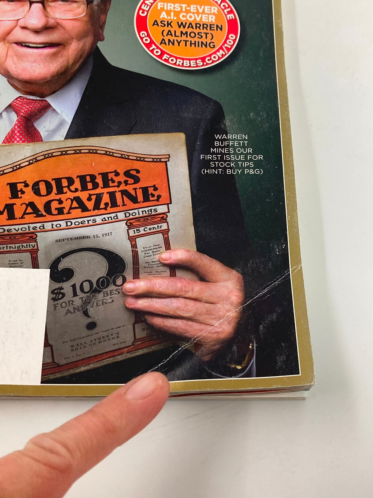 Close-up of the cover of Forbes Magazine dated September 28, 2017, highlighting the title 'Forbes Magazine' and featuring Warren Buffett holding the magazine.