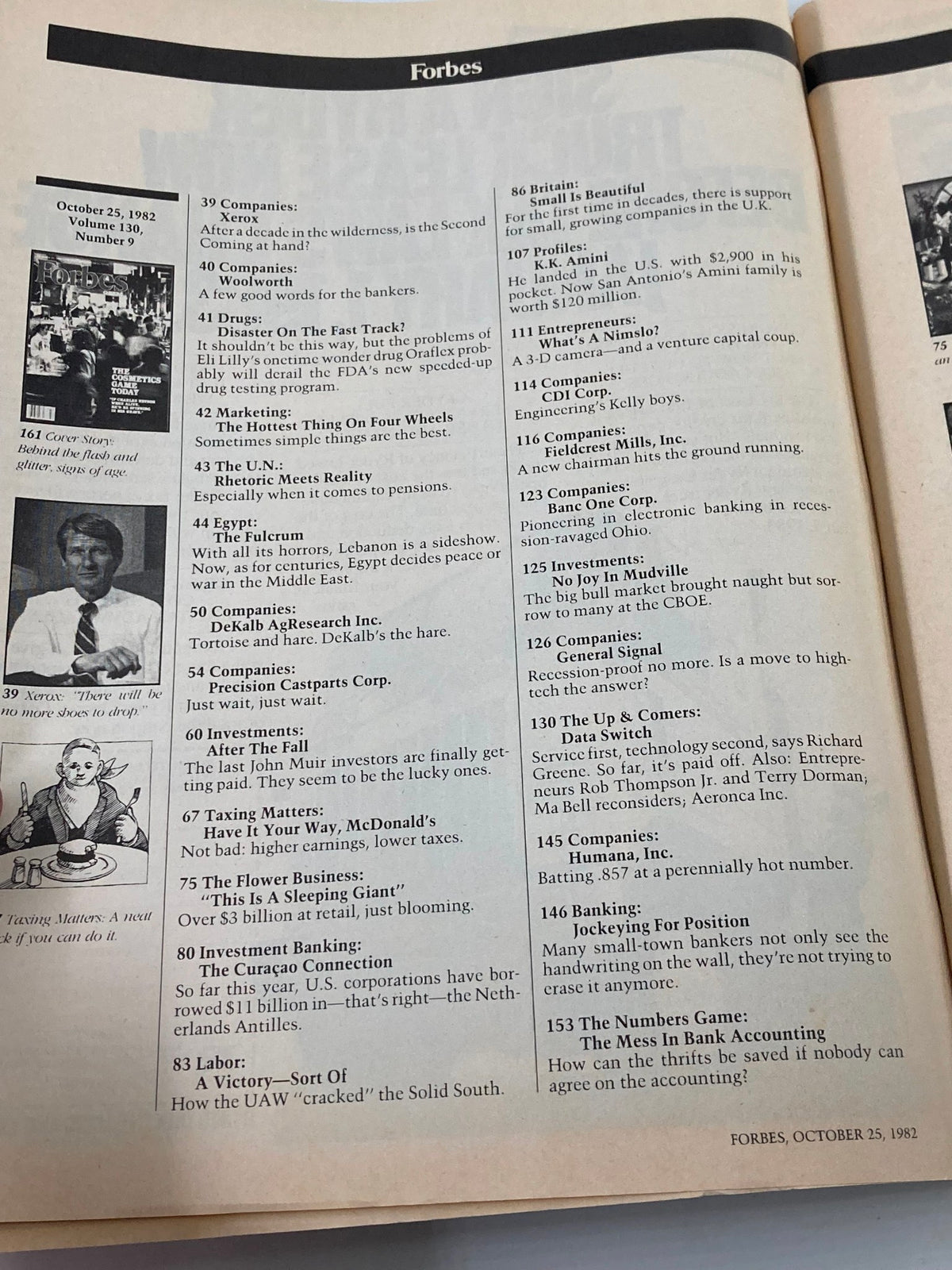 Interior page of Forbes Magazine from October 25, 1982, listing contents including articles related to business and cosmetics, emphasizing the featured story 'The Cosmetics Game Today.'